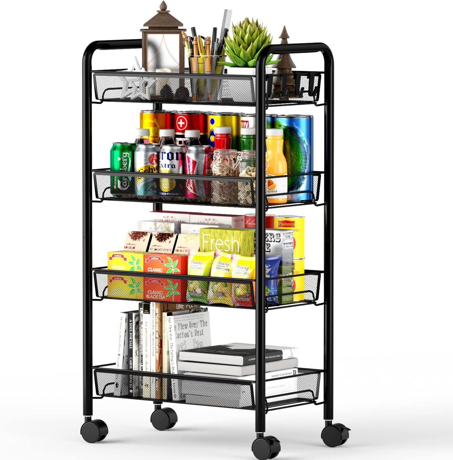 OVICAR 4 Tier Mesh Wire Rolling Cart, Kitchen Storage Organizer Utility Cart, Full Metal Basket Storage Art Trolley Carts with Wheels & 4 Side Hooks