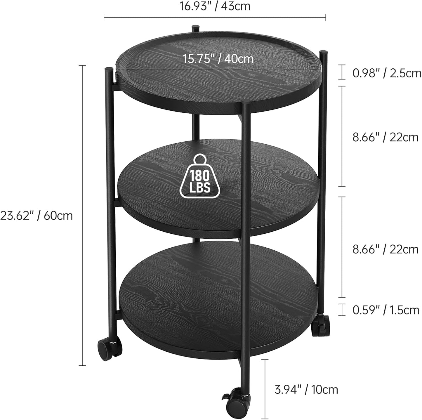 Side Table, 3-Tier Modern End Table with Wheels, Small Round Nightstand Bedside Table for Living Room, Bedroom, or Small Spaces-Black