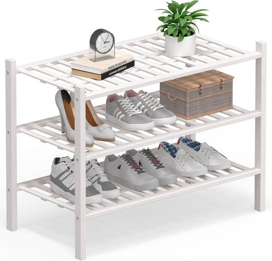 Haddockway Large 3 Tier Bamboo Shoe Rack Storage Organizer, Multifunctional Free Standing Stackable Shoe Shelf with Grid Panel for Closet,Hallway,Entryway,Small Space 27"x12"x21"(White, 3-Tier(Large))