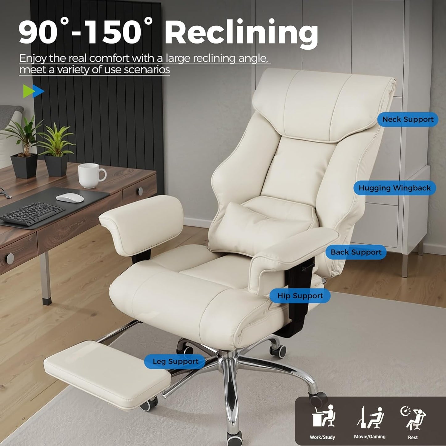 COMHOMA Big and Tall Office Chair 400lbs High Back Leather Executive Chair with Ergonomic Lumbar Support & Pocket Spring Cushion for Lower Back Pain Relief, Computer Gaming Chair with Foot Rest, Beige