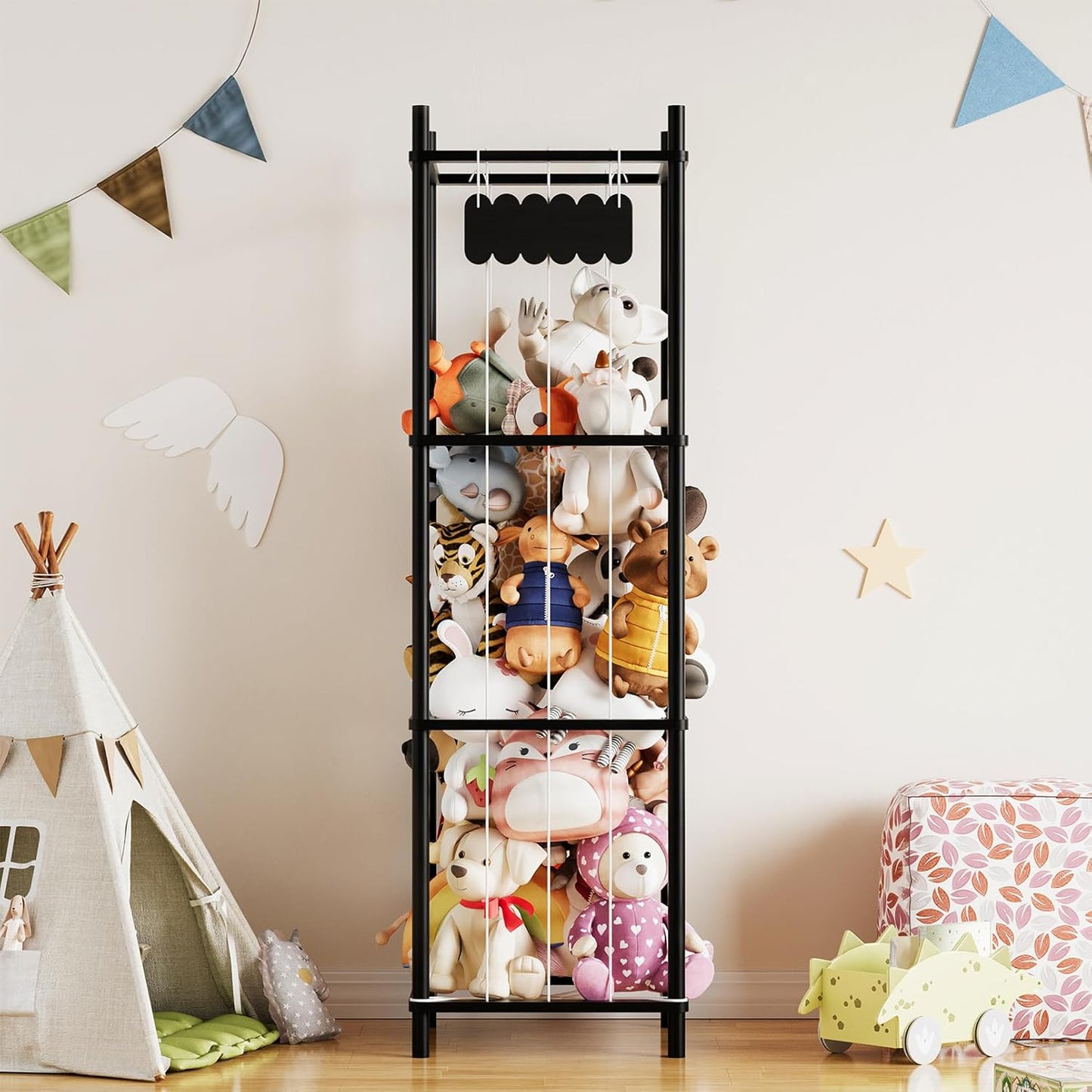 SpaceAid Stuffed Animal Storage Organizer, Wood Animals Zoo Toy Plushies Storage Holder, Large Capacity Plush Toy Cage for Playroom Organization, 15.8" Wide, Black