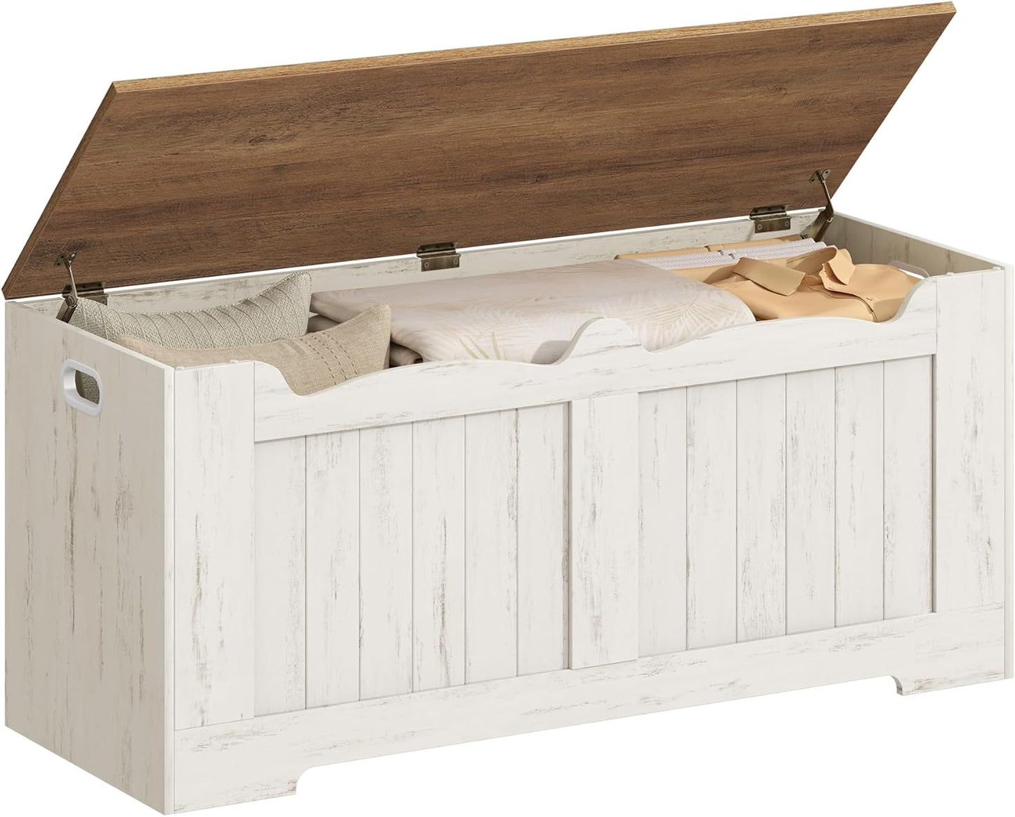 43.3" Storage Chest, Extra Large Storage Bench Trunk with 2 Safety Hinges, Wooden Box, Lift-Top Chest Organizer, Shoe Bench for Entryway, Bedroom, Living Room, White and Brown SB25514X