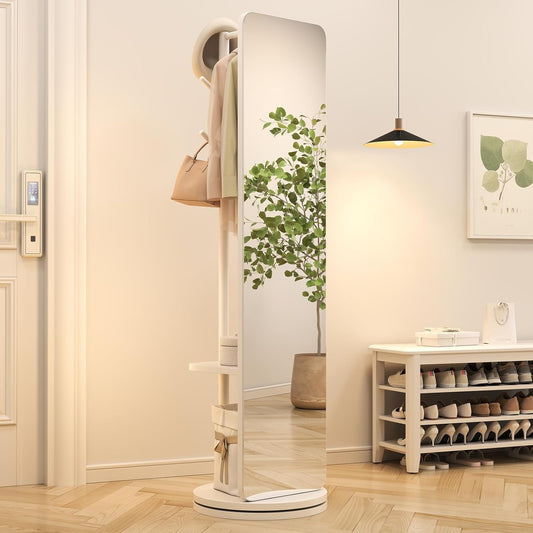 70"x16"Full Length Mirror with Stand,Coat Rack with Mirror,Solid Wood Floor Mirror,Swivel Mirrorfor Bedroom, Living Room, Cloakroom