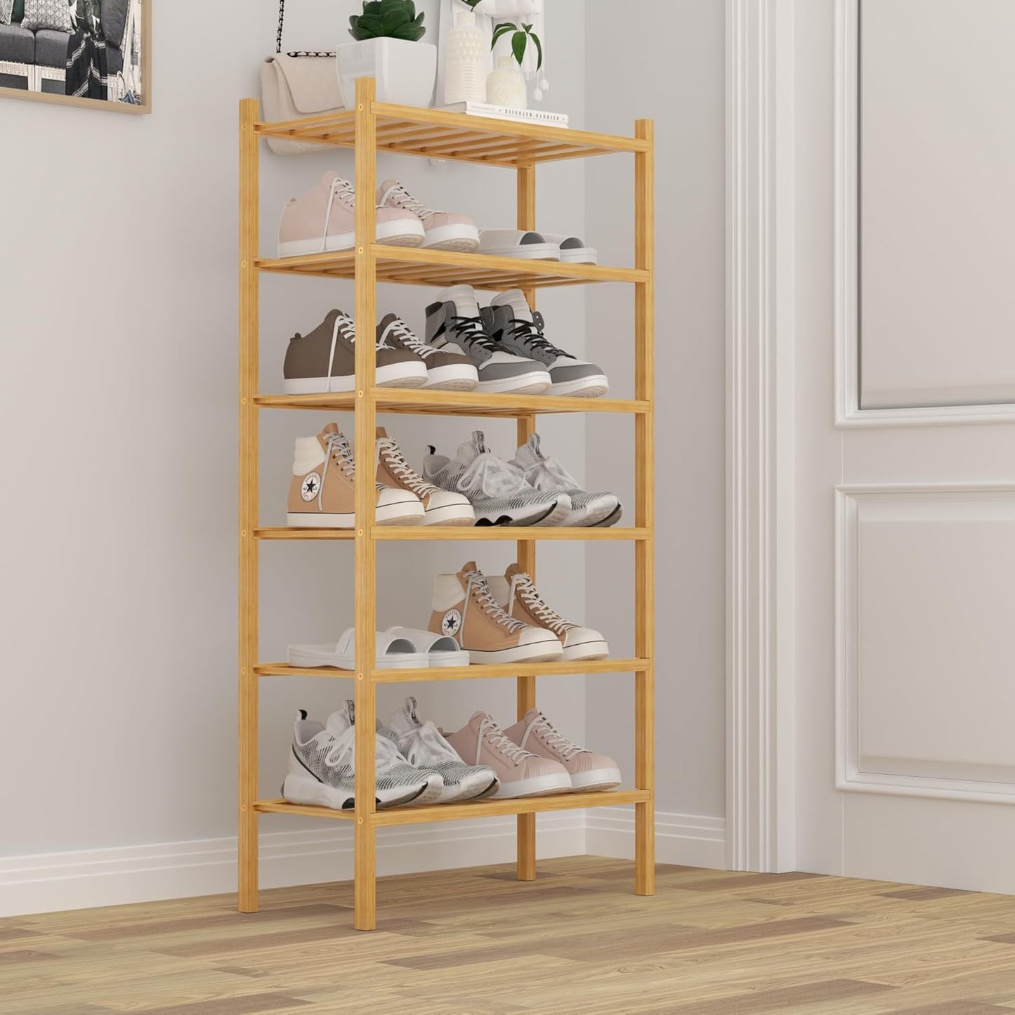 6-Tier Bamboo Small Shoe Rack, Free Standing Wood Shoe Shelf Storage Organizer for Closet Entryway Stackable (Natural)
