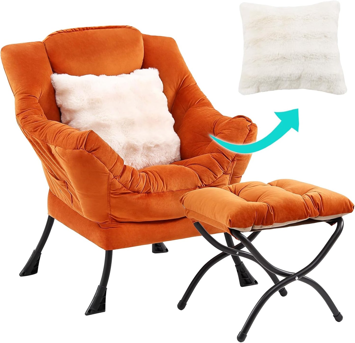 Lazy Chair with Ottoman, Comfy Reading Chair with Footstool & Throw Pillow Modern Lounge Accent Chair with Armrests & Side Pocket for Living Room, Bedroom, Dorm Room, Office