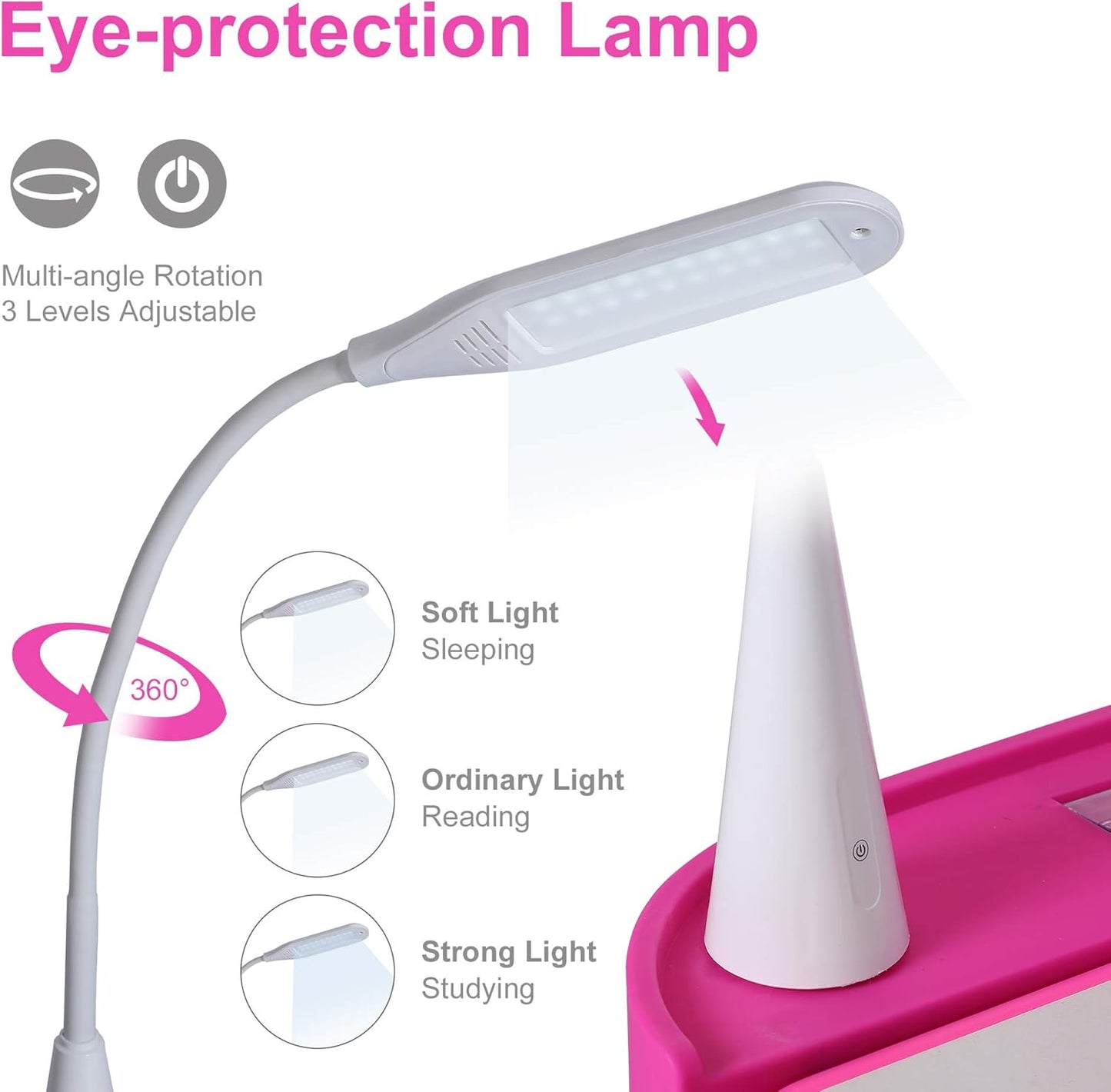 Kids Desk and Chair Set, Height Adjustable Child's School Study Writing Tables with Tilt Desktop, LED Light, Storage Drawer, Book Stand (Pink)