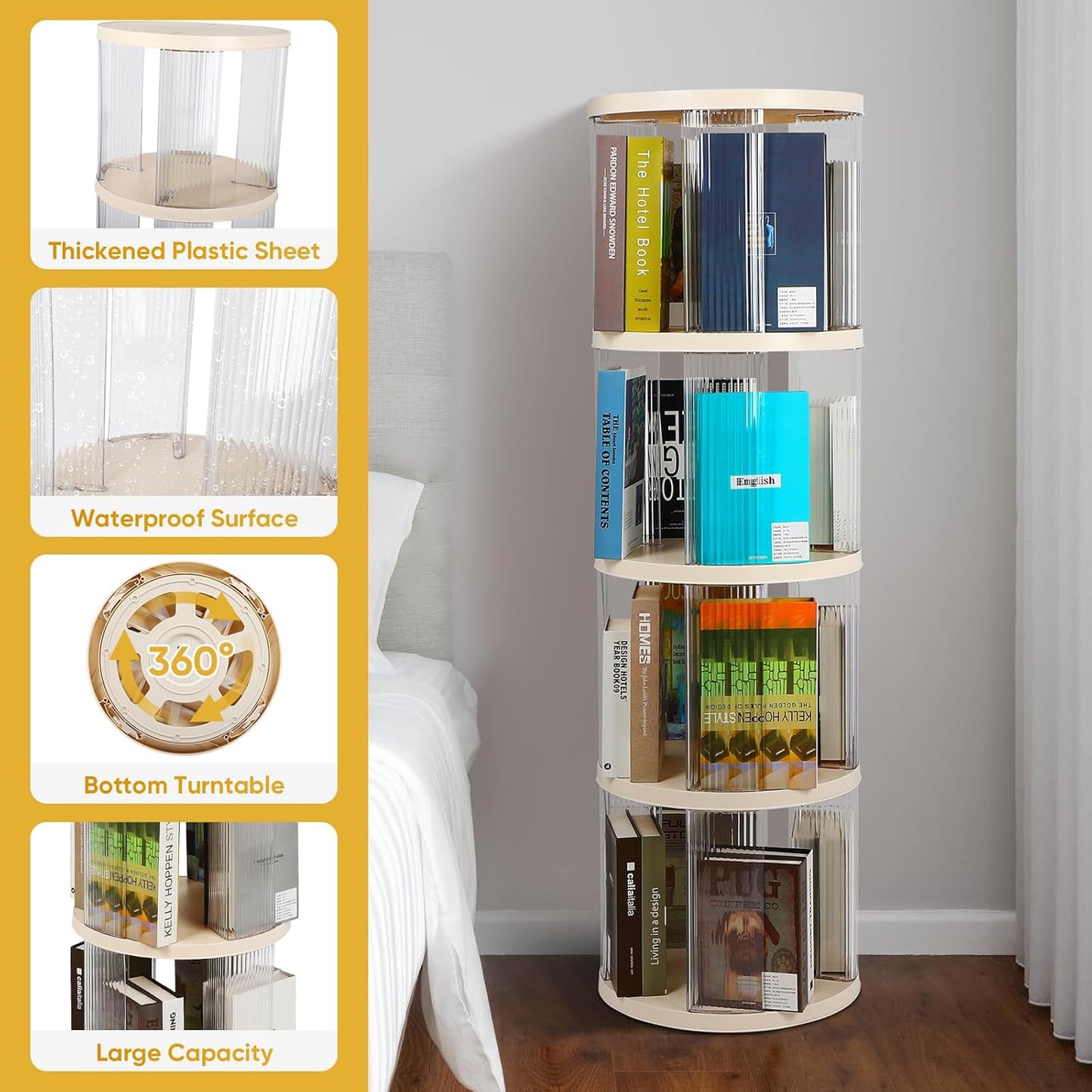 FAHKNS 4 Tier Rotating Bookshelf,360° Revolving Bookcase Tower,Clear Acrylic Round Book Shelf for Small Space,Suitable for Spinning Bookshelf Tower in Bedroom, Living Loom, Office