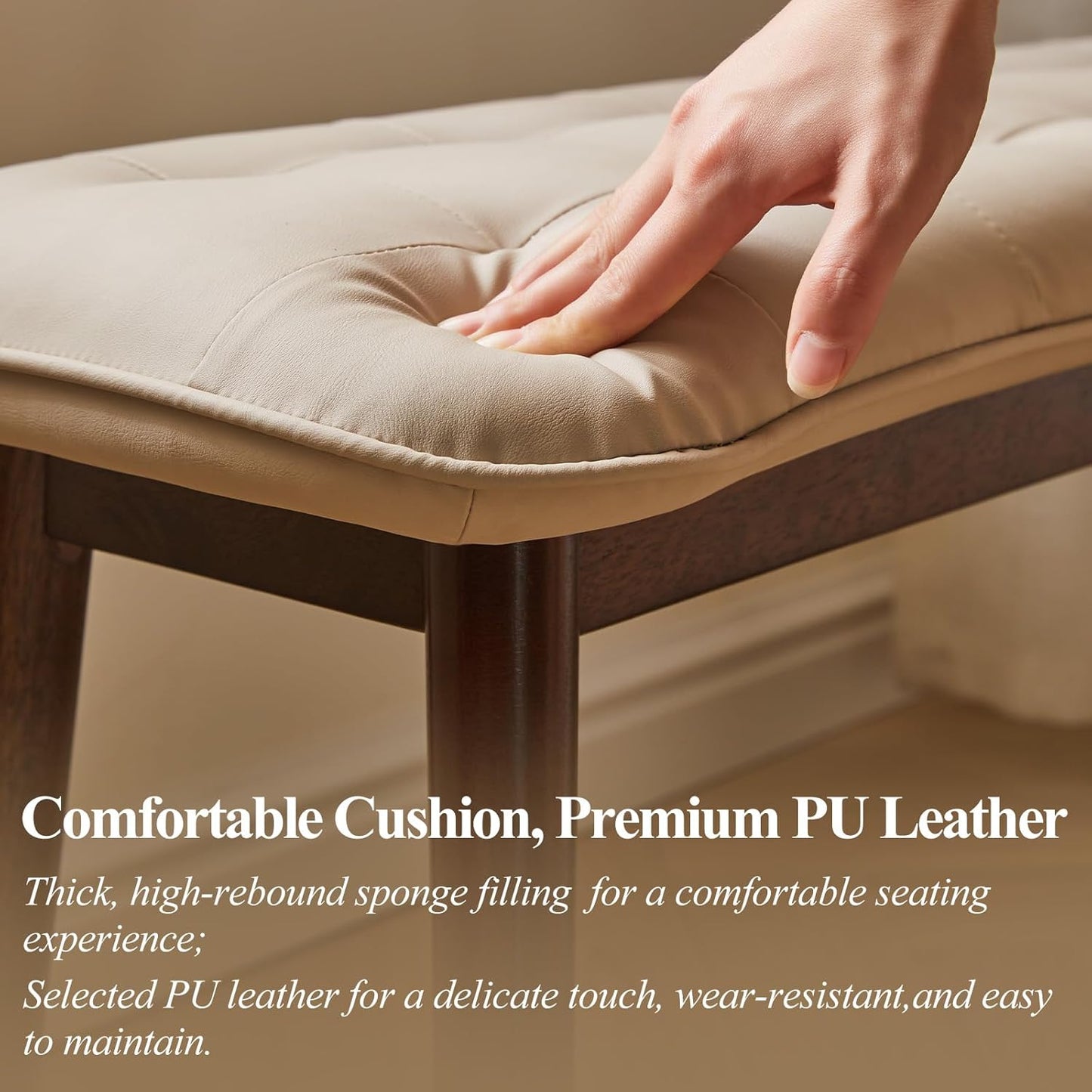 Entryway Bench, Solid Wood Dining Bench, Midcentury End of Bed Bench with PU Leather Padded Seat, Bedroom Bench, 47.24" L x 12.6" W x 17.72" H (Beige)