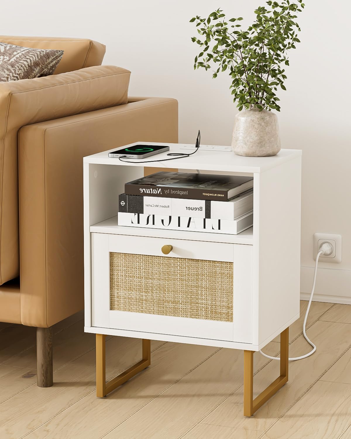 Masupu Rattan Nightstand with Charging Station,Modern Boho Farmhouse Wood Bedside Table with Storage Drawer and Open Shelf,Small Gold Frame Side End Table for Bedroom,Living Room,Office White