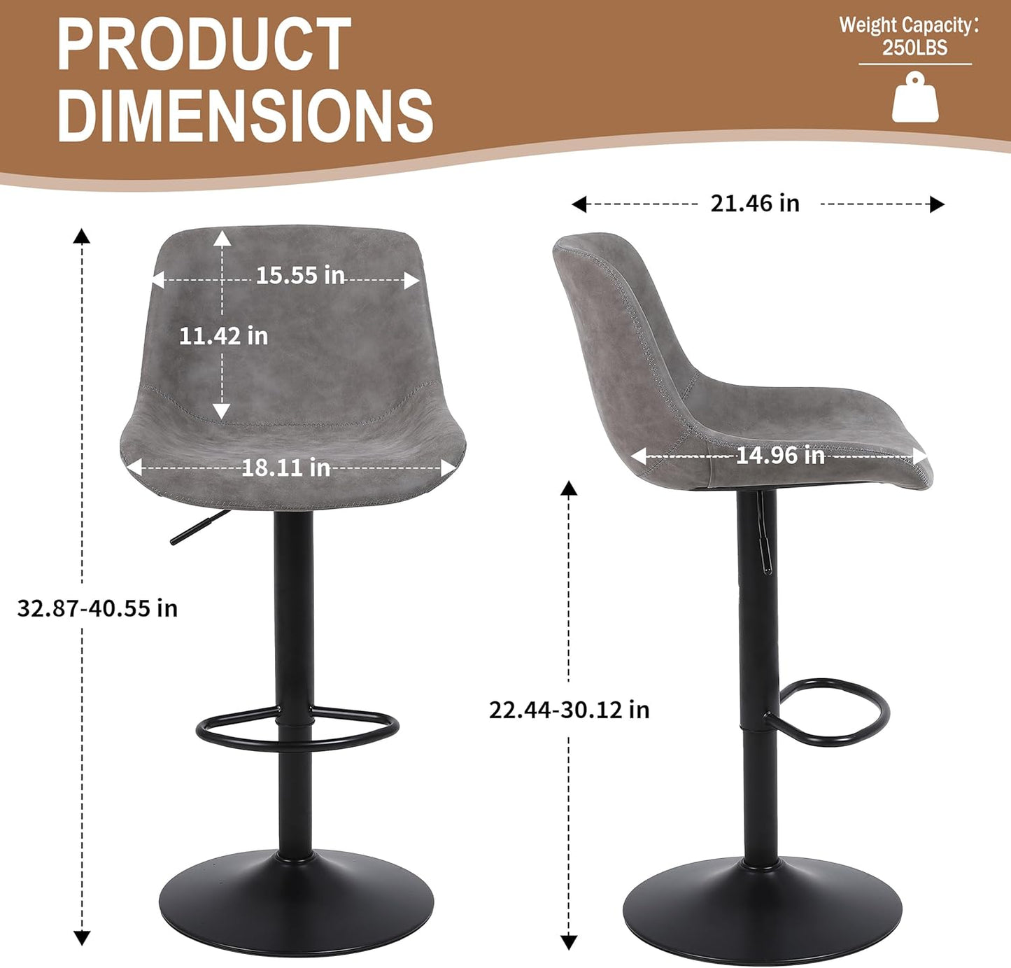 Bar Stools, Swivel Counter Height Barstools with Back, Adjustable Modern Bar Chairs, Tall Armless PU Leather Kitchen Island Stool (Grey, Set of 4)