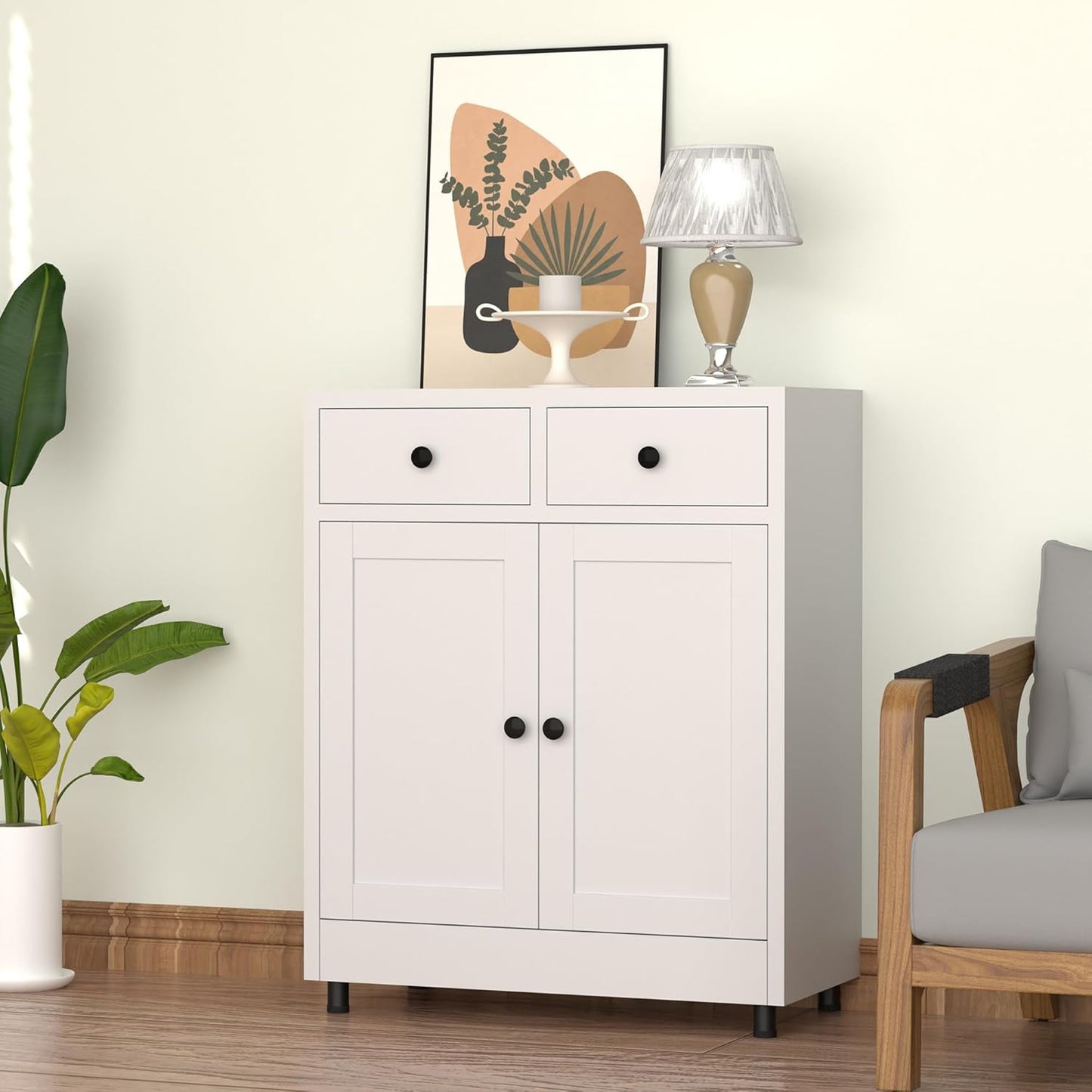 Metal Storage Cabinet with 2 Drawers and Adjustable Shelf, Sideboard Buffet Cabinet for Home, Office, Hallway, Entryway, Living Room, Kitchen Pantry and Dining Room (34.8" H, with Feet, White)