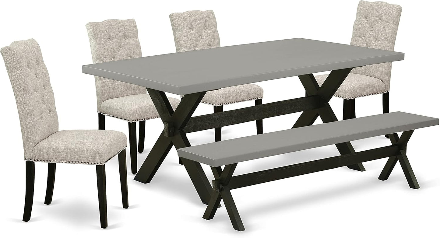 East West Furniture X697EL635-6 6 Piece Dining Table Set Contains a Rectangle Dining Room Table with X-Legs and 4 Doeskin Linen Fabric Parson Chairs with a Bench, 40x72 Inch, Multi-Color