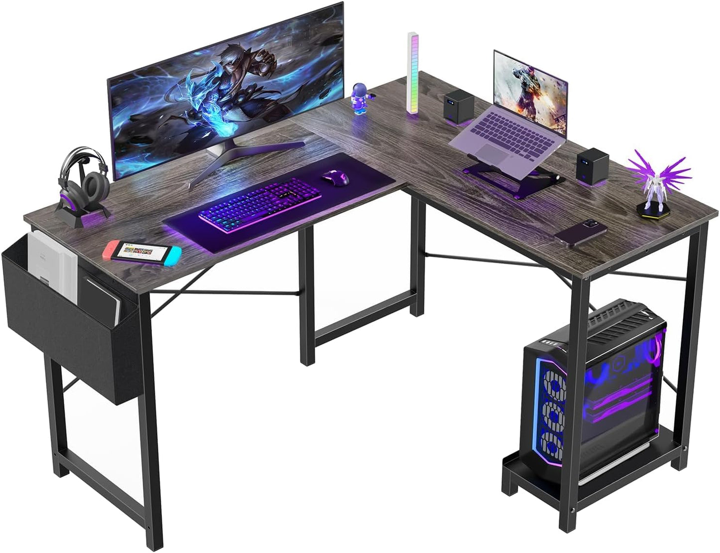 Sweetcrispy L Shaped Desk Gaming Computer 50 Inch Reversible Corner PC Work Table for Writing Study Student with Wood Tabletop Metal Frame CPU Stand Side Bag for Home Office Small Space, Grey