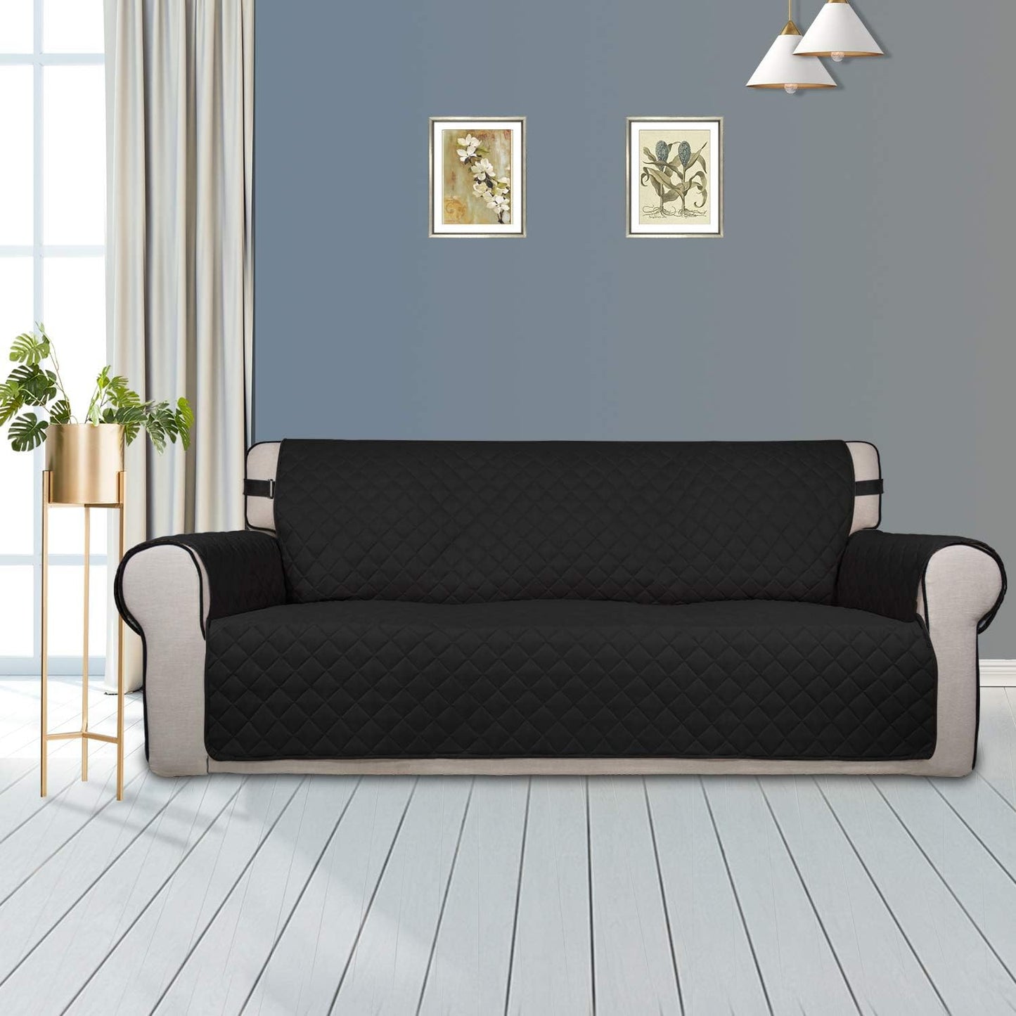 PureFit Reversible Sofa Couch Cover Water Resistant Couch Covers for 3 Cushion, Washable Furniture Cover with Non-Slip Foam and Adjustable Strap for Dogs, Pets (Oversized Sofa, Black/Beige)