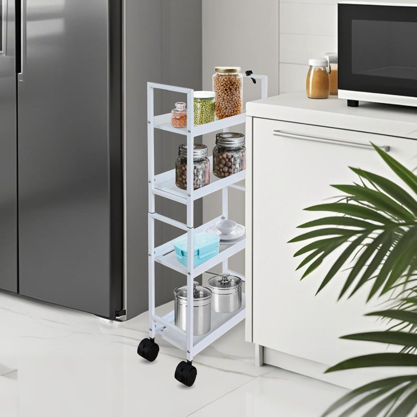 Beyeutao 4 Tier Slim Storage Cart with Wheels White Rolling Utility Cart Bathroom Storage Organizer Narrow Storage Cabinet for Kitchen, Bedroom, Laundry Room, Bathroom