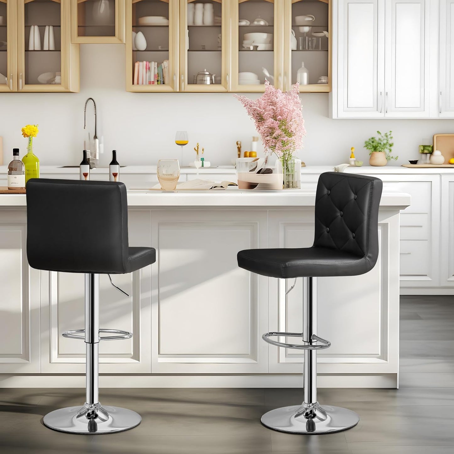 VECELO Adjustable Bar Stools with Back, Bar Height Stools for Kitchen Counter, Bar Stools Set of 2, X-Large Size, 17.3" D x 16.5" W x 45" H, Black