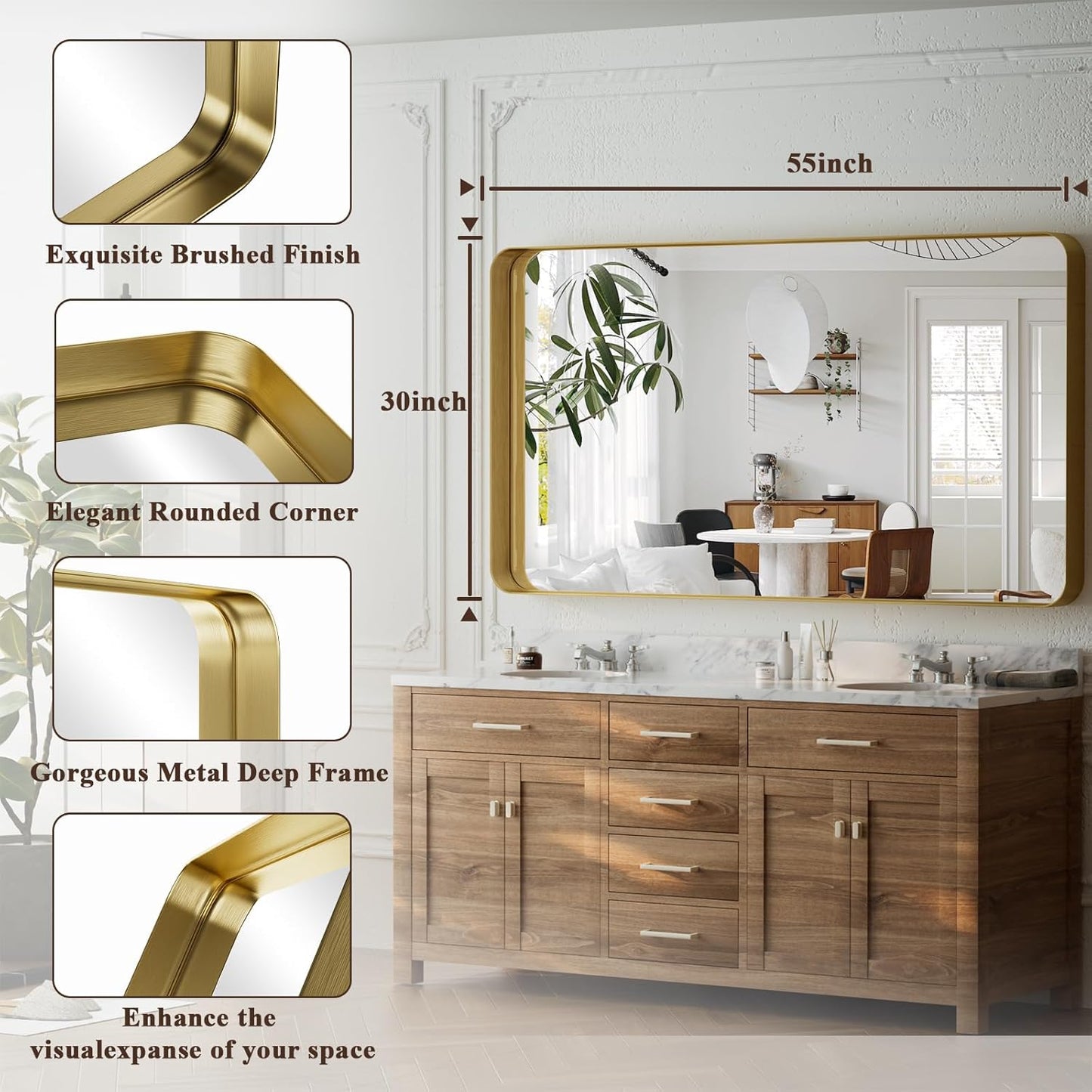 55"x 30" Gold Bathroom Mirror - Aluminum Framed Wall Mirror, Bathroom Wall Mounted Vanity Mirror, Bedroom, Living Room Wall Mirror, Hang Horizontally or Vertically