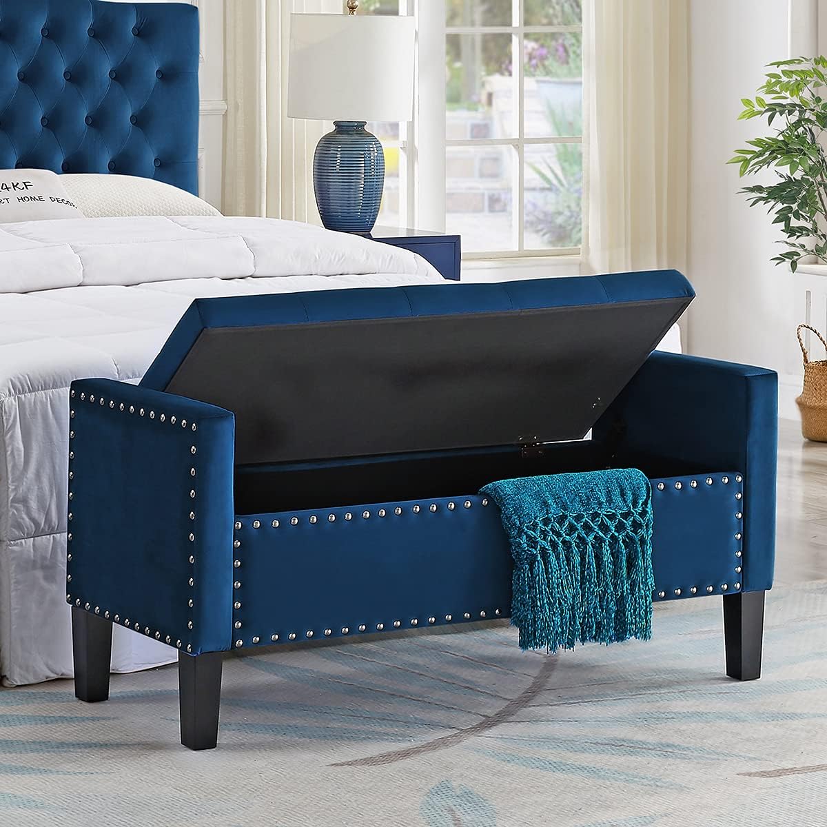 24KF Velvet Modern Upholstered Tufted Button Storage Bench with Arms for Bedroom,Entryway Living Room Soft Padded Seat-Navy