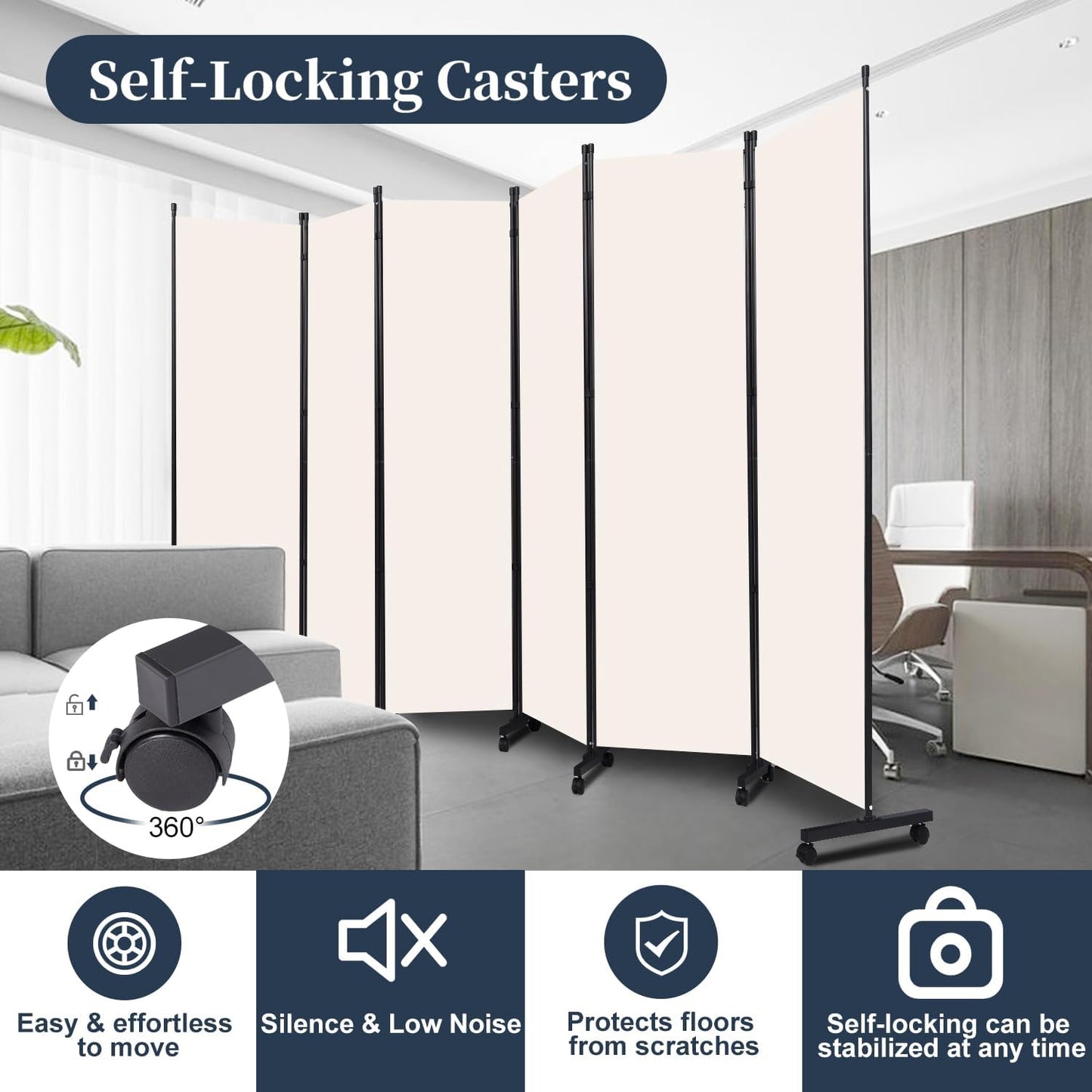 Room Divider Folding Privacy Screens with Lockable Wheels, 132'' Partition Room Dividers Freestanding Room Divider Fabric Panel for Room Separation, Wall Divider for Home Office Bedroom Dorm Decor