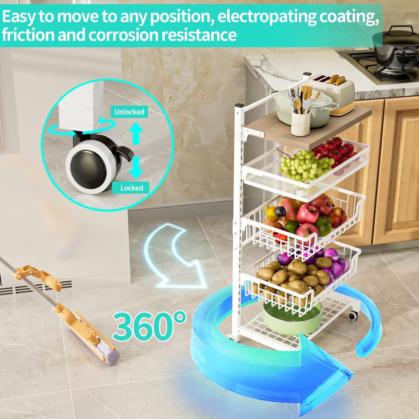 HapiRm Fruit Basket Kitchen Cart - 5 Tier Adjustable Vegetable Storage Rack, Large Capacity Rolling Kitchen Carts on Wheels for Snack Onion and Potato Storage