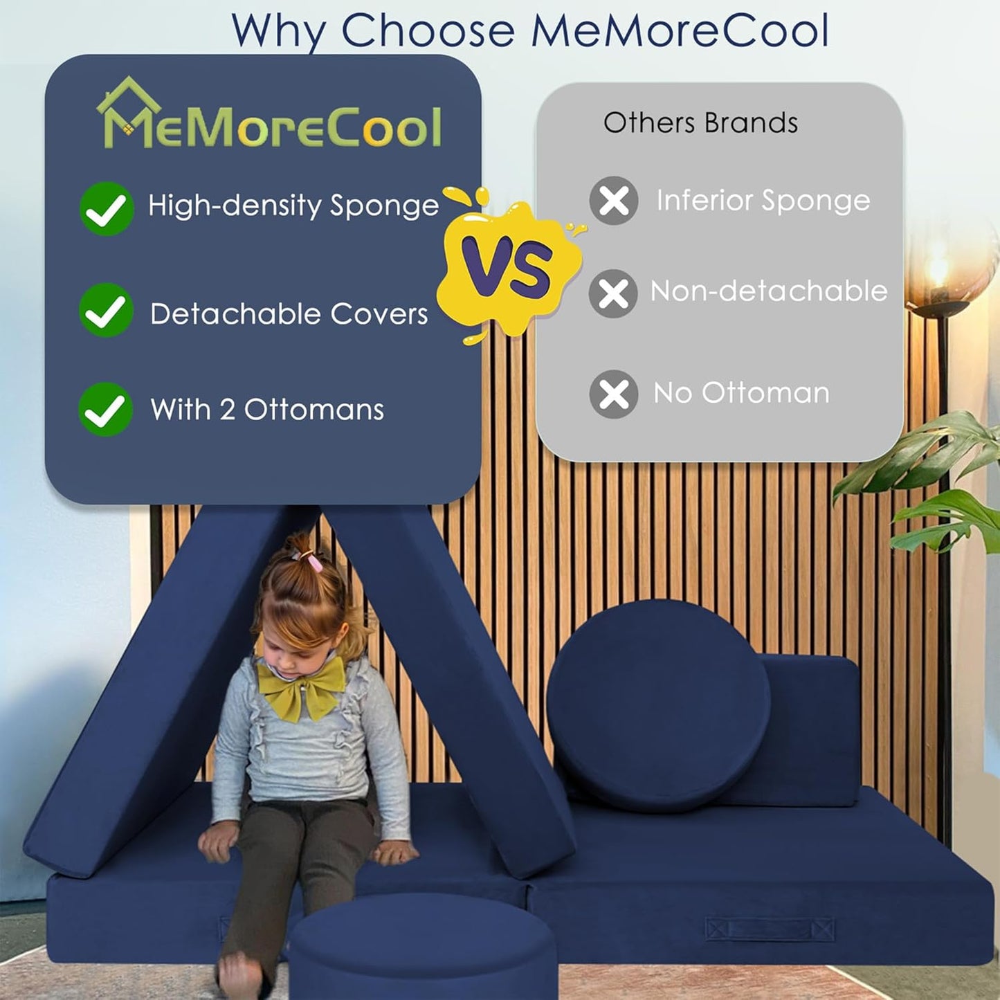 MeMoreCool Modular Kids Couch for Playroom, Navy Foam Play Couch for Toddlers, Building Fort Explorer Sofa