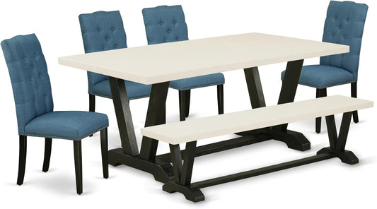 East West Furniture V627EL121-6 6 Piece Dining Table Set Contains a Rectangle Dining Room Table with V-Legs and 4 Blue Linen Fabric Parson Chairs with a Bench, 40x72 Inch, Multi-Color