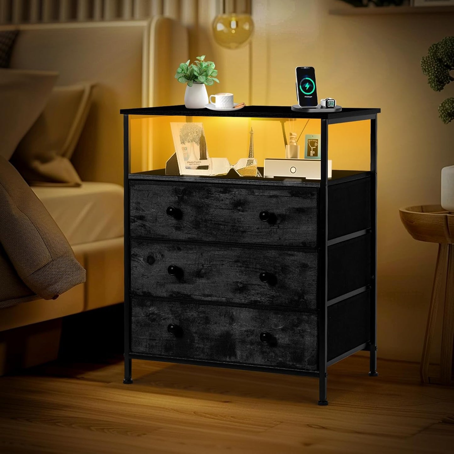 3 Drawers Dresser with Charging Station, 24 Inch Wide LED Night Stand with Adjustable Fabric Drawer, Nightstand with Storage Shelf for Living Room/Bedroom/Office, Black.