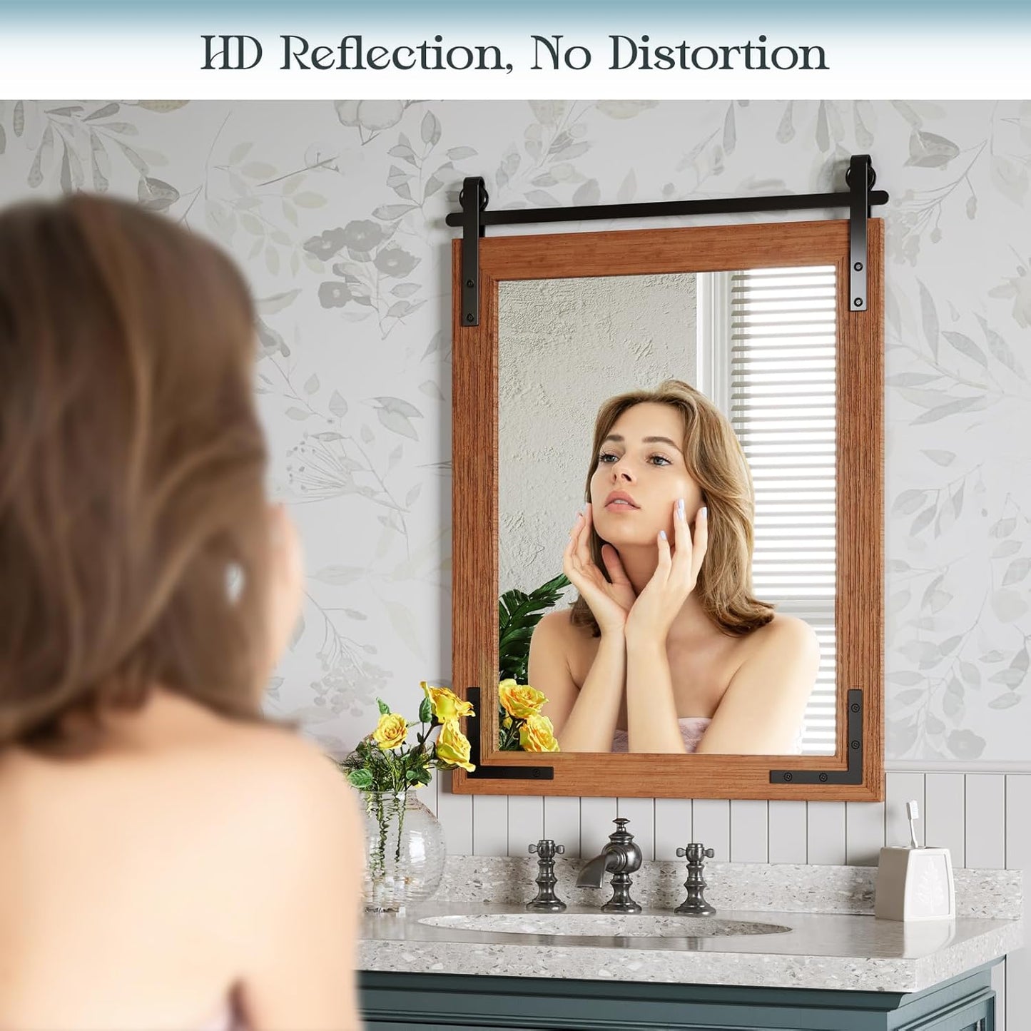 24x36 Inch Farmhouse Mirror for Bathroom, Brown Wood Framed Rustic Mirror, Rectangle Wall Decorative Mirrors for Entryway, Courtyard, Bedroom