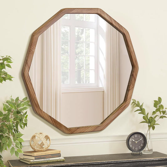 ULIKE Wood Mirror for Wall, 30 Inch Rustic Farmhouse Mirror with Wood Frame, Decorative Wall Mounted Vanity Mirrors for Bathroom Bedroom Living Room Entryway, Brown