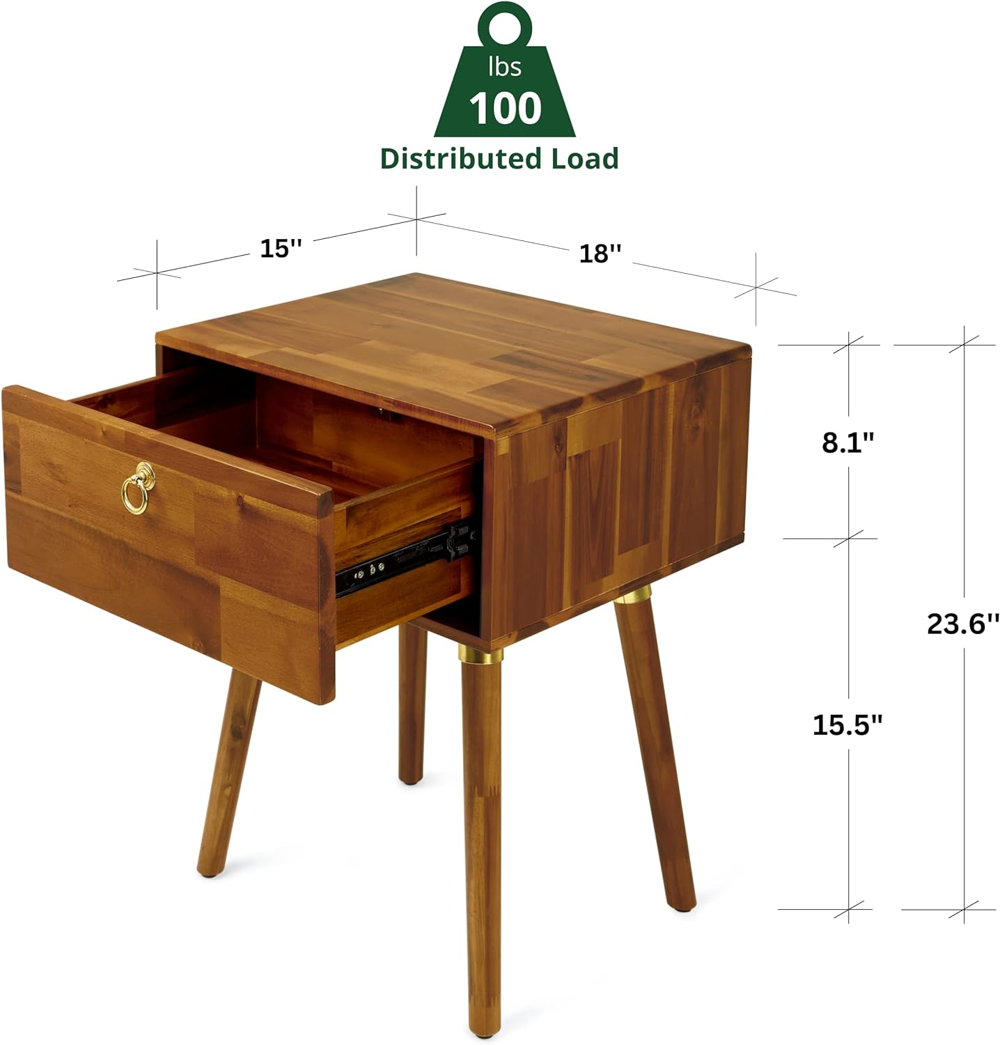 Bme Alden Solid Wood Nightstand/Side Table/End Table, Fully Assembled, with 1-Drawer for Mid Century Bedroom and Living Room, (12mm), Caramel