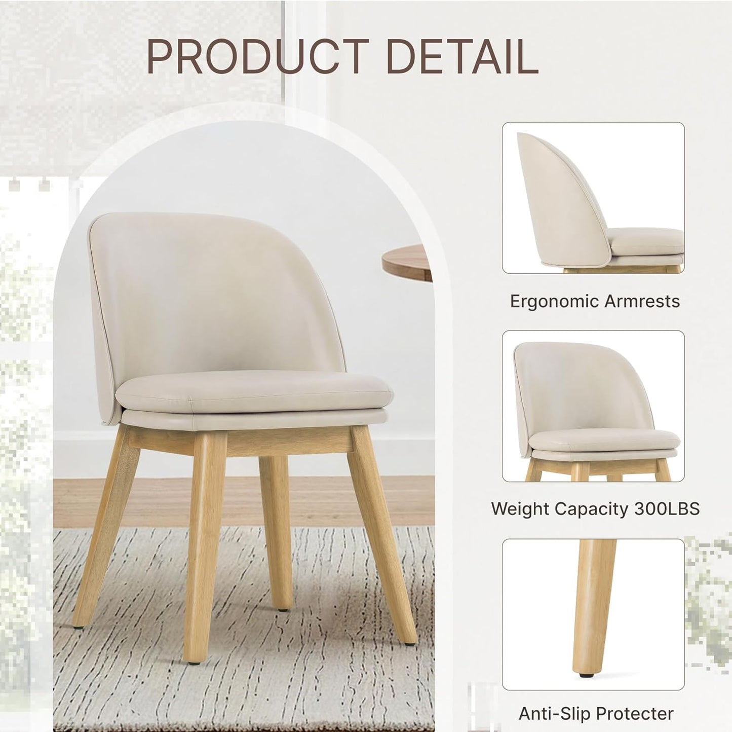 Wooden Dining Chairs Set of 4, Faux Leather Upholstered Modern Dining Room Chairs with Double-Layer Thick Seat Cushion & Ergonomic Backrest for Restaurant, Kitchen and Café, Beige, 2 Boxs