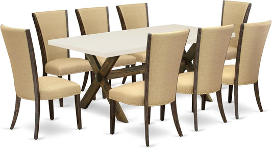 East West Furniture X727VE703-9 9 Piece Kitchen Table Set Includes a Rectangle Dining Table with X-Legs and 8 Brown Linen Fabric Parson Dining Room Chairs, 40x72 Inch, Multi-Color