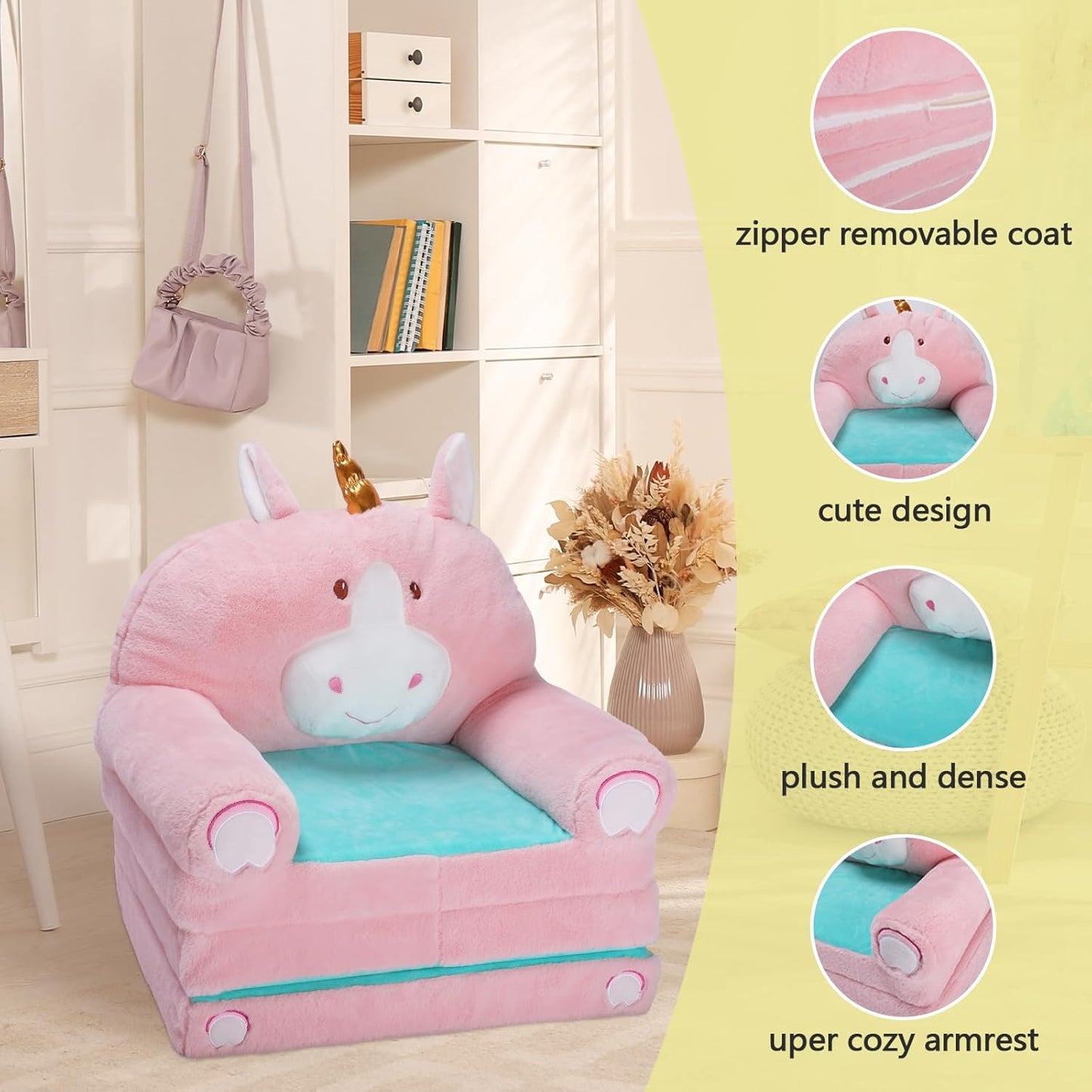 Foldable Kids Couch Toddler Backrest Armchair 2 In 1 Flip Open Sofa Bed for Chidren, Cartoon Comfy Soft Kids Chair, Steady Lightweight Toddlers Sofa Bed for Bedroom Livingroom Playroom Unicorn
