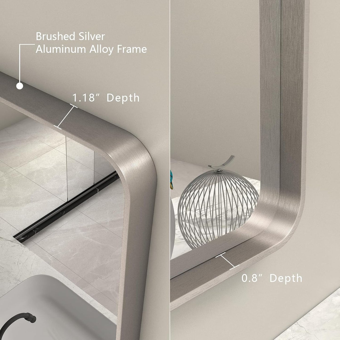 48x40 Silver Bathroom Mirrors for Vanity, Brushed Nickel Metal Silver Framed Bathroom Mirror for Wall, Rounded Rectangle Silver Mirror, Anti-Rust, Shatterproof (Horizontal/Vertical)