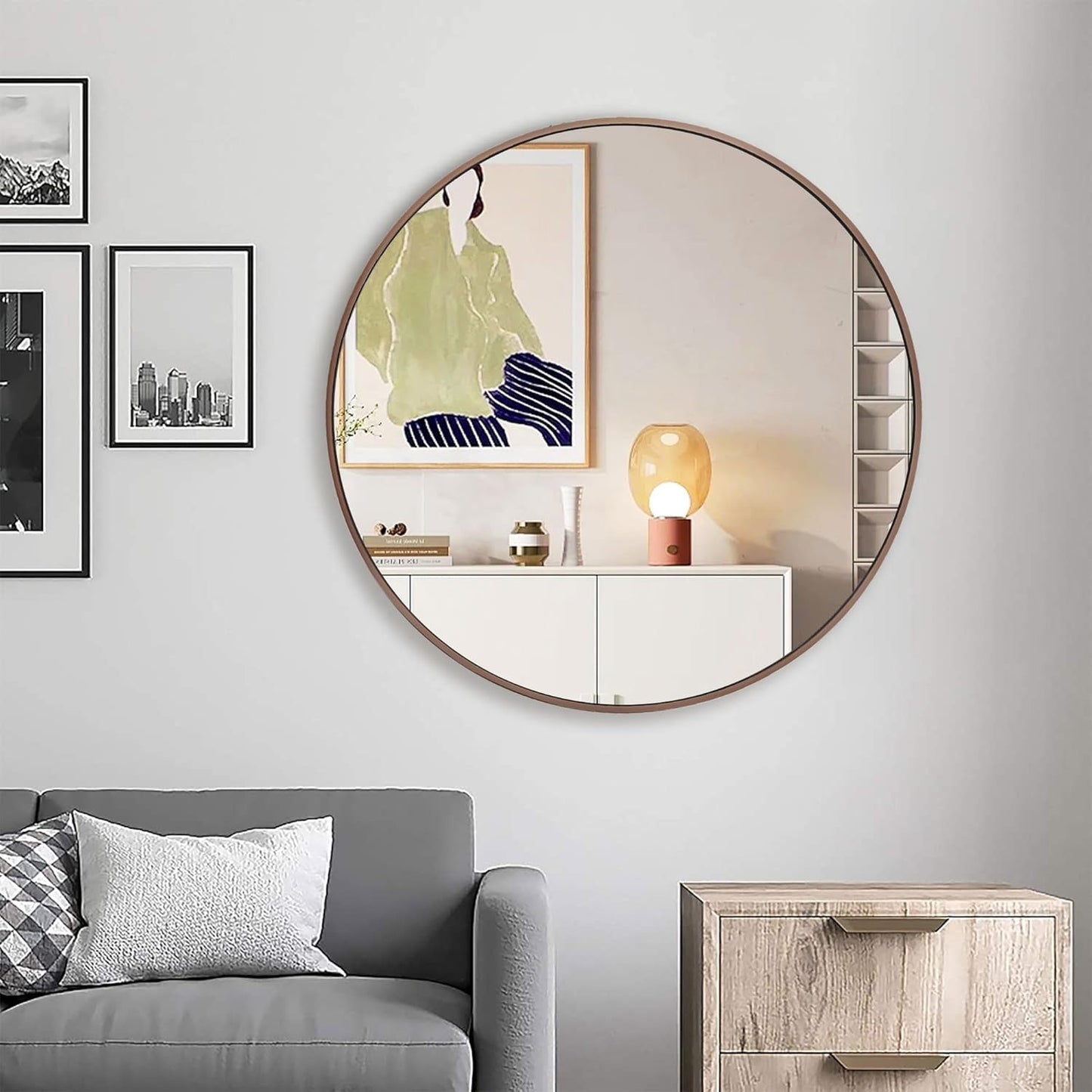 36 inch Circle Wall Mirror, Brushed Bronze Metal Framed Round Mirror for Bathroom Vanity, Bedroom Decor, Living Room, Entryway