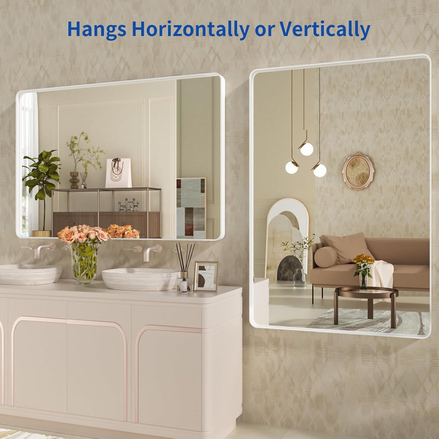 WEER White Bathroom Mirror 48X36 Inch, Rounded Rectangle White Metal Frame Mirror, Matte White Bathroom Vanity Mirror with Tempered Glass, Anti-Rust, Hangs Horizontally or Vertically