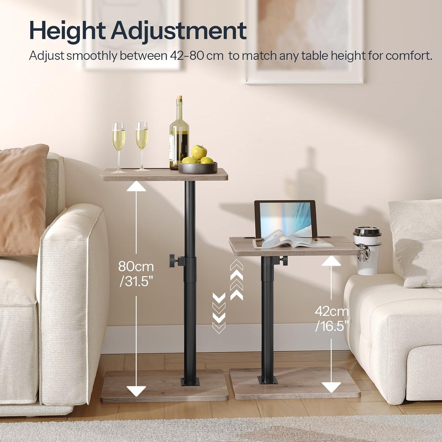 HOOBRO TV Tray Table, 360° Swivel Side Table Sofa Armrest Tray for Couch, Height Adjustable C Shaped End Table, Snack Desk with Cup Holder, for Small Spaces, Greige and Black BG234BZ01