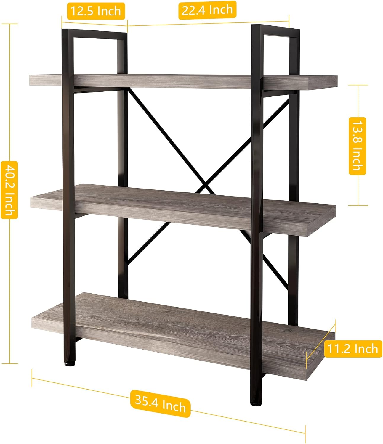 45MinST 3-Tier Vintage Industrial Style Bookcase/Metal and Wood Bookshelf Furniture for Collection，Gray Oak, 3/4/5 Tier (3-Tier)