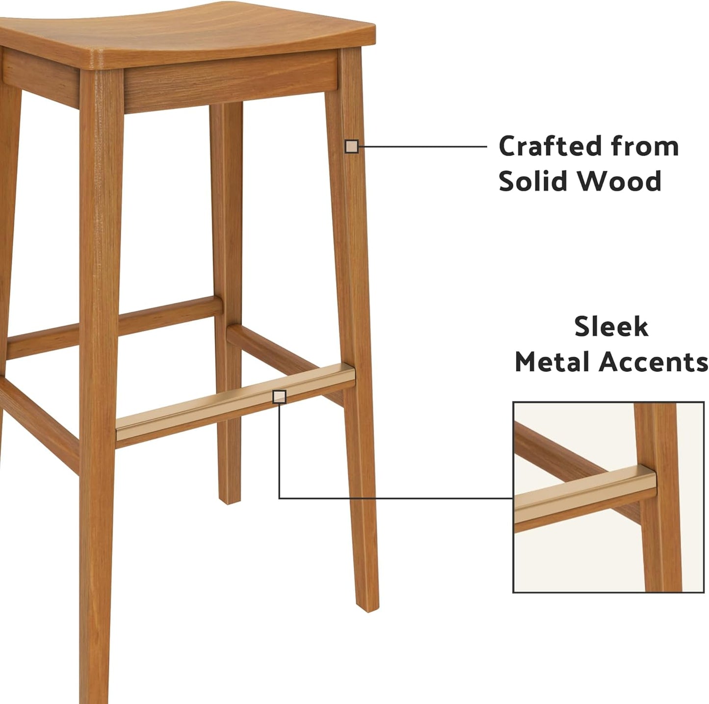 Plank+Beam Smythe Bar Stool, Set of 2, 30", Sturdy Wood Modern Kitchen Bar Height Stool, Saddle Seat Backless Bar Chair, Metal Footrest, Pecan
