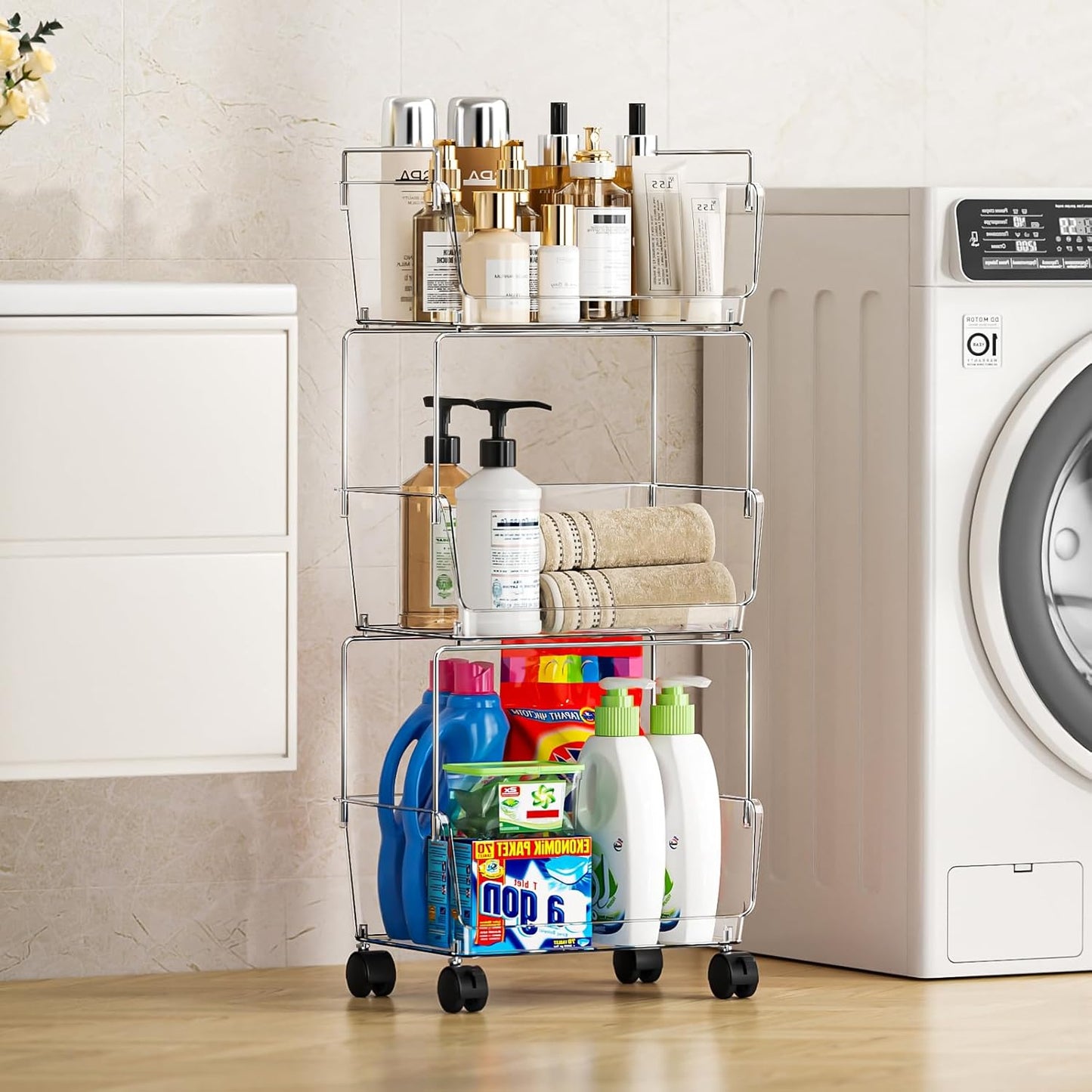 YCIA&DONE 3 Tier Rolling Cart, Storage Shelf Organizer with Lockable Caster Wheels,Transparent Slim Storage Cart for Bathroom, Laundry,Cosmetics