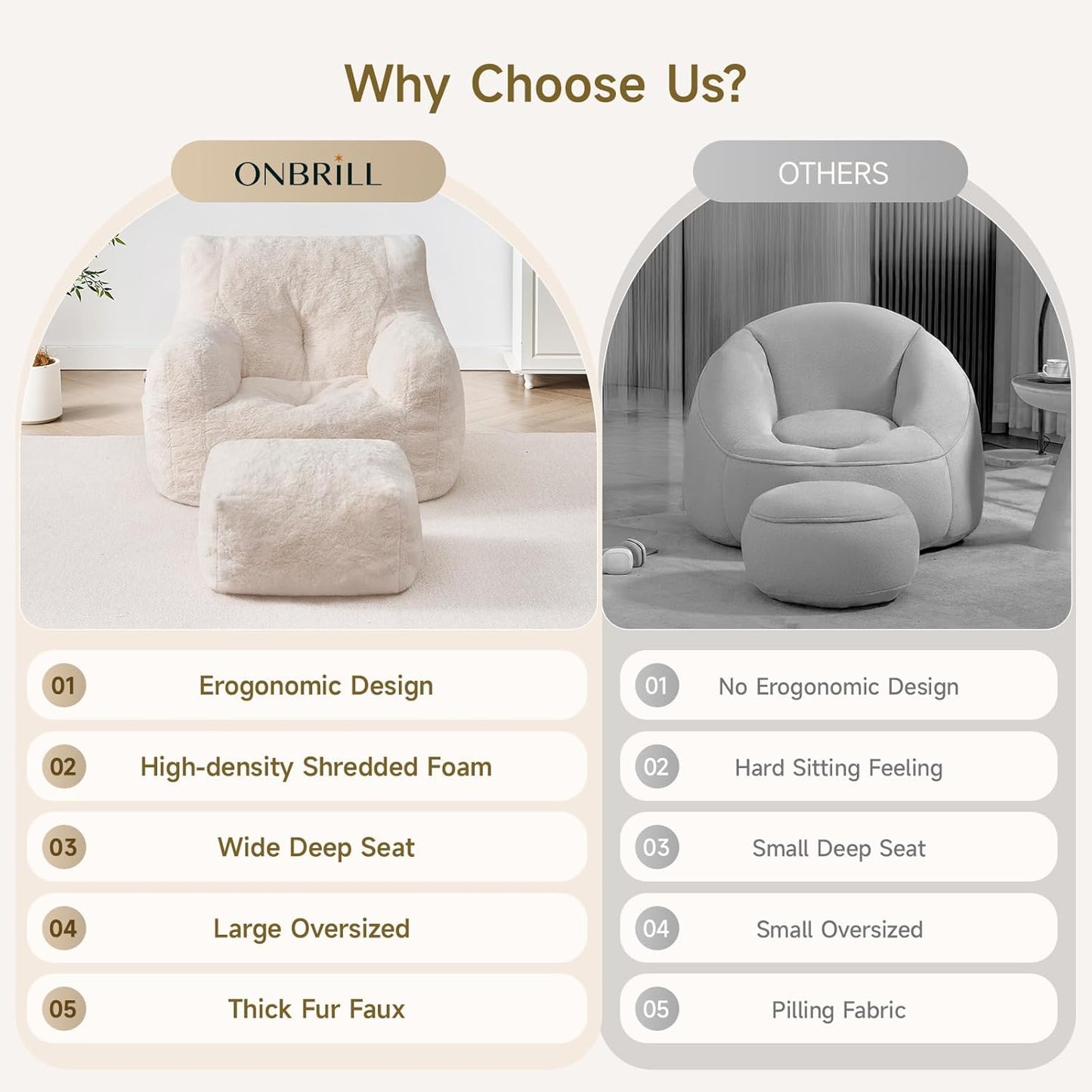 Giant Bean Bag Chairs for Adults with Ottoman, Faux Fur Boneless Chaise Couch Filler with Memory Foam,Large BeanBag Lounge Lazy Floor Sofa Accent Chair for Living Room,Bedroom & Game Rooms