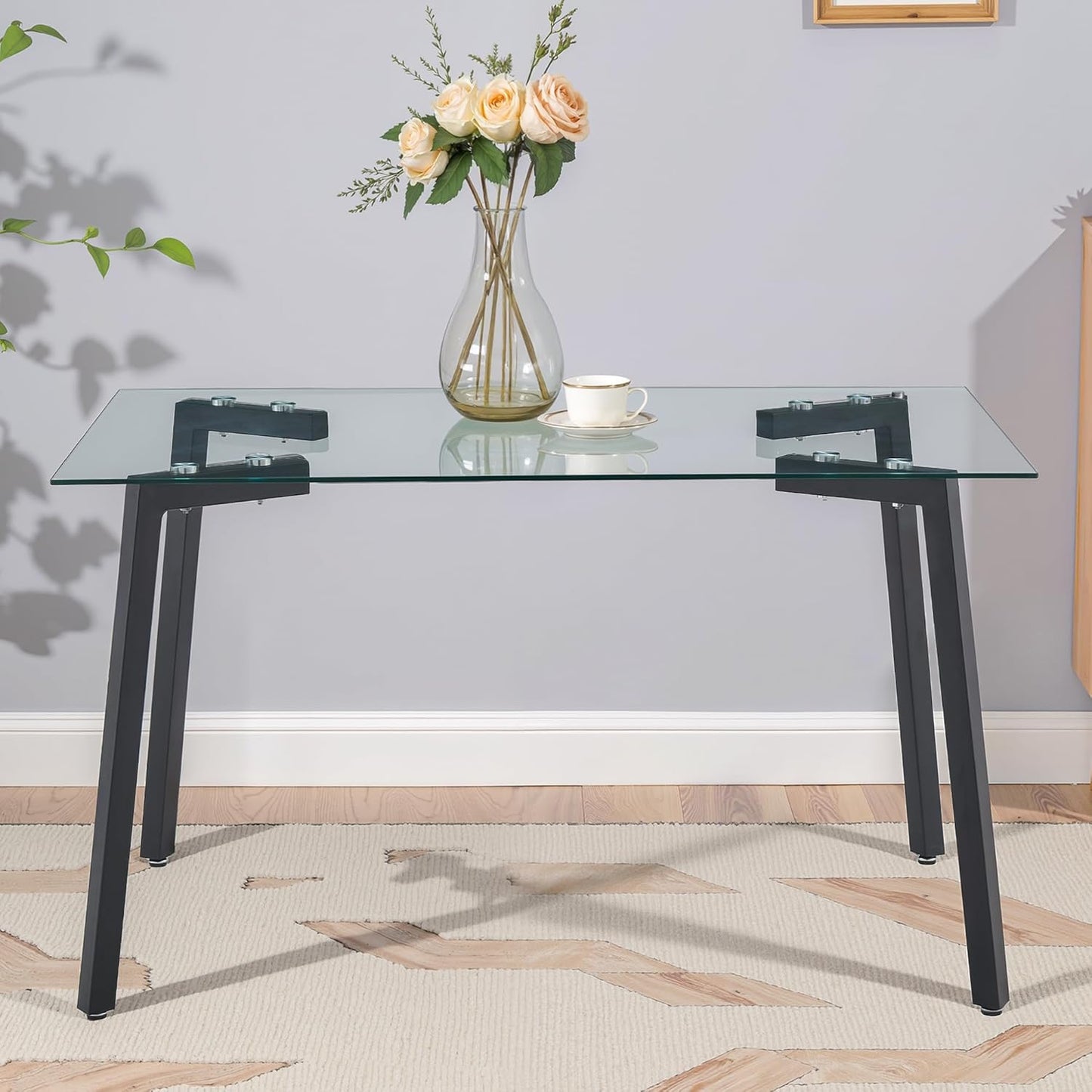 Dining Table for 6 Kitchen Table 51" Rectangular Modern Glass Dining Table Kitchen & Dining Room Tables with Glass Tabletop and Metal Legs for Dining Room and Kitchen, Black