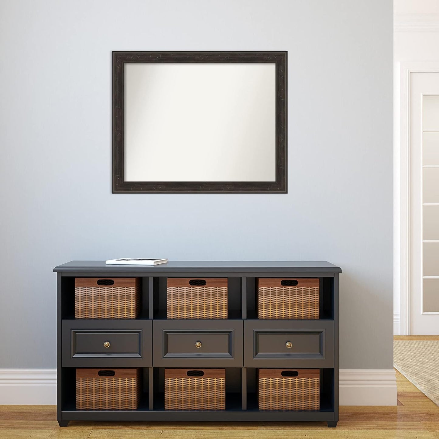 Amanti Art Brown Bathroom Mirror for Over Sink, 26x32 Shipwreck Greywash Narrow Rectangle Vanity Mirror, Large Traditional Frame, Hangs Horizonally and Vertically, Bathroom Wall Decor, Non-Beveled