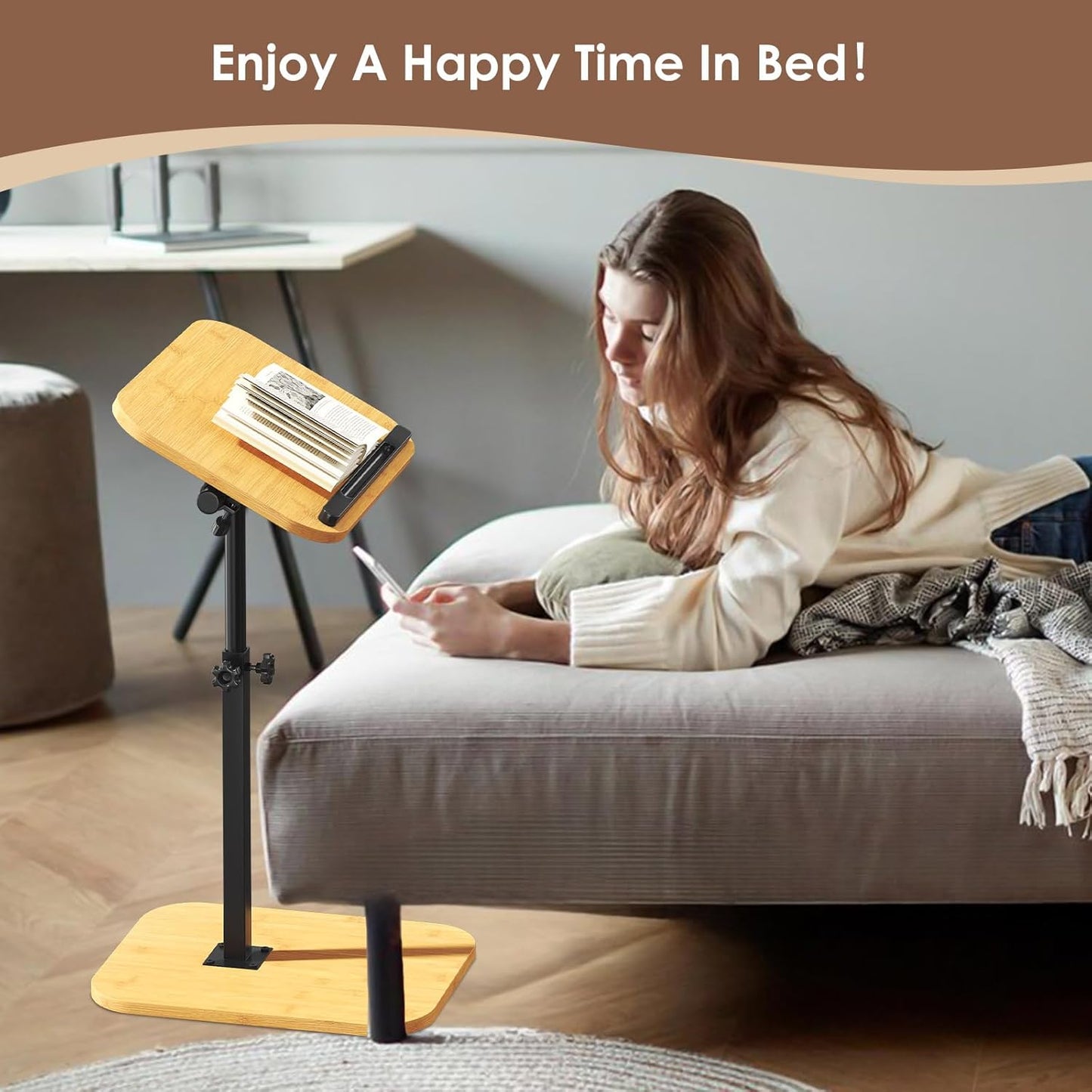 Sofa Couch Arm Table Tv Tray Small Bed Stand C Shaped Side End Tables for Living Room, Bedroom, Natural