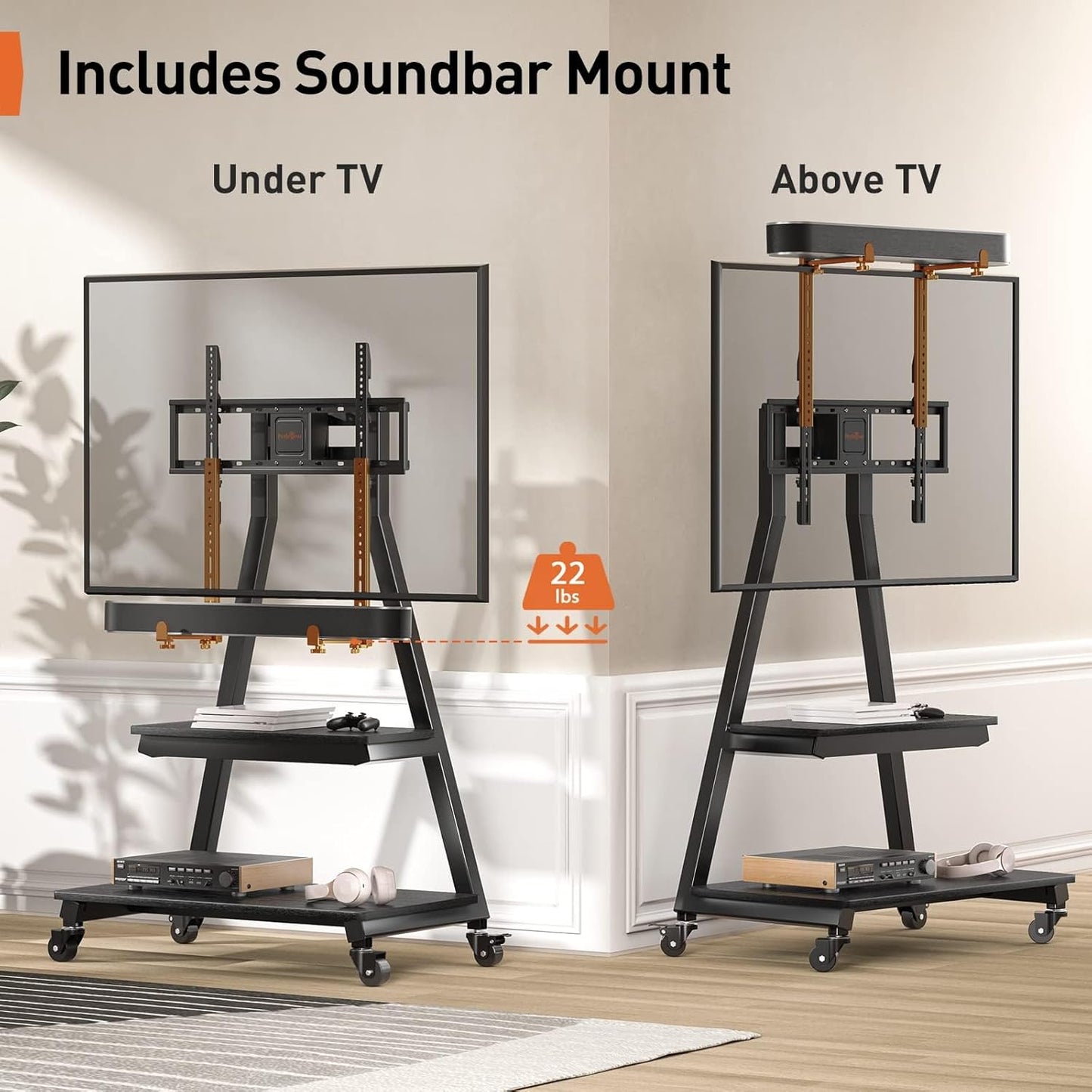 Perlegear Mobile TV Stand with Soundbar Mount, Rolling Floor TV Stand with Wheels for 43-80" TVs up to 132lbs, Mobile TV Cart with Storage Shelves, Tilt Swivel Corner TV Cart Max VESA 600x400mm
