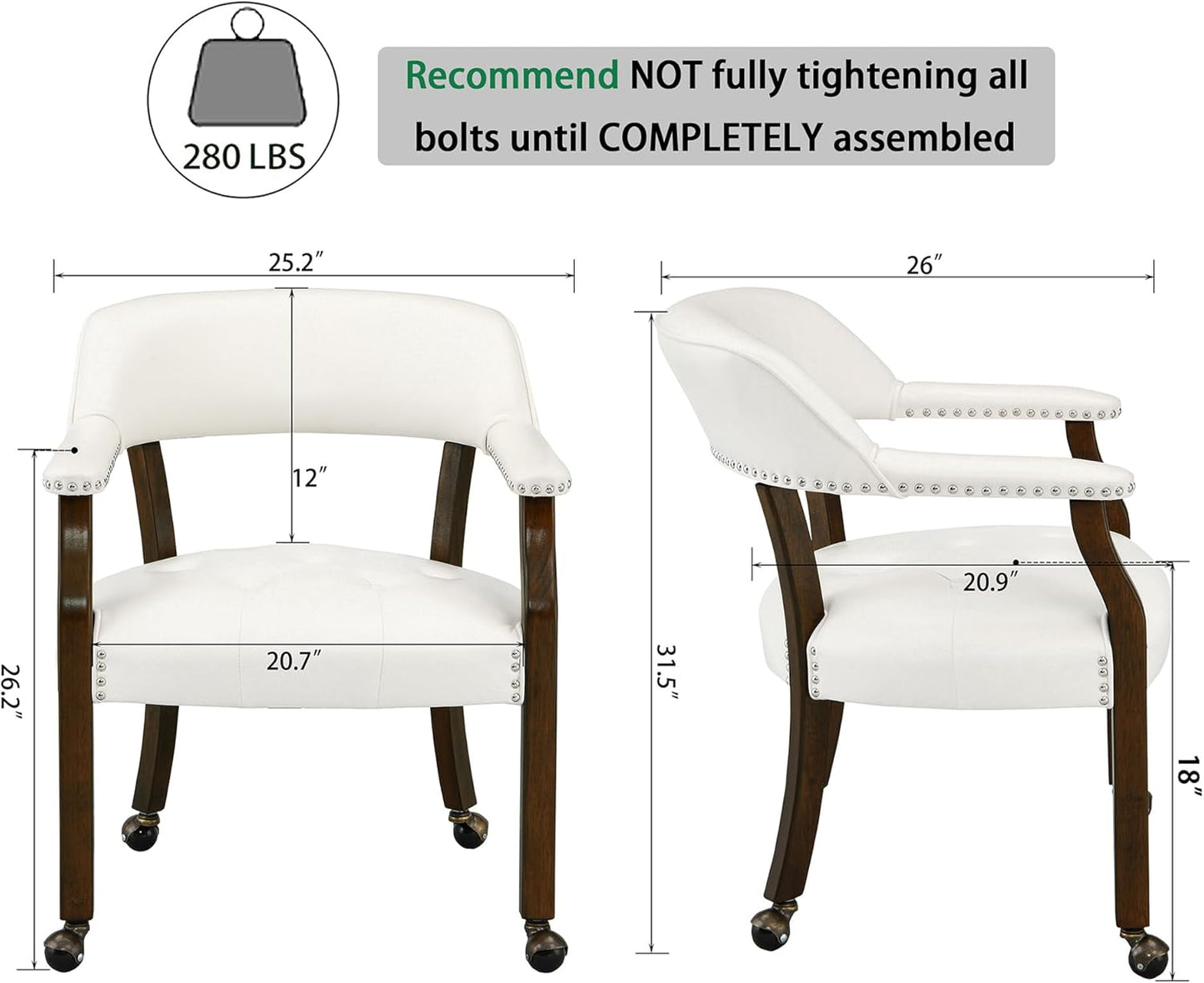 LEEMTORIG Large Dining Chairs with Casters and Arms, Rolling Dining Chairs with Wheels, Accent Solid Wood Boss Caption's Chairs, 26" D x 25.2" W x 31.5" H, Espresso Legs & Ivory PU SY-318-WT