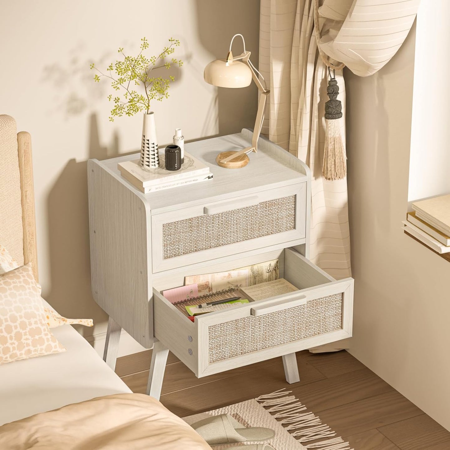 Lerliuo Rattan Nightstands Set of 2, Boho Night Stand with 2 Drawers, Cane Accent Side End Table, Bedside Table with Solid Wood Legs for Bedroom, Dorm and Small Spaces (Grey Oak)