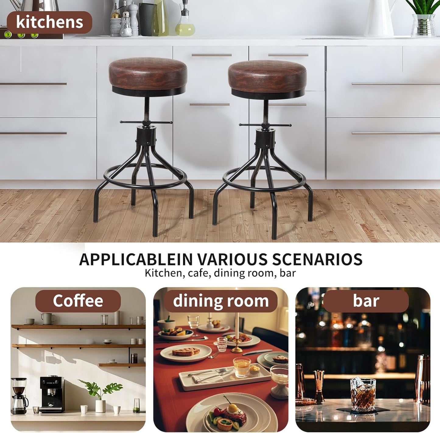 Counter Height Bar Stools Set of 3 Adjustable Swivel Barstools Industrial Modern PU Leather 28inch Round Backless Counter Height Stool Metal Bar Chair for Kitchen Island (3, Walnut)