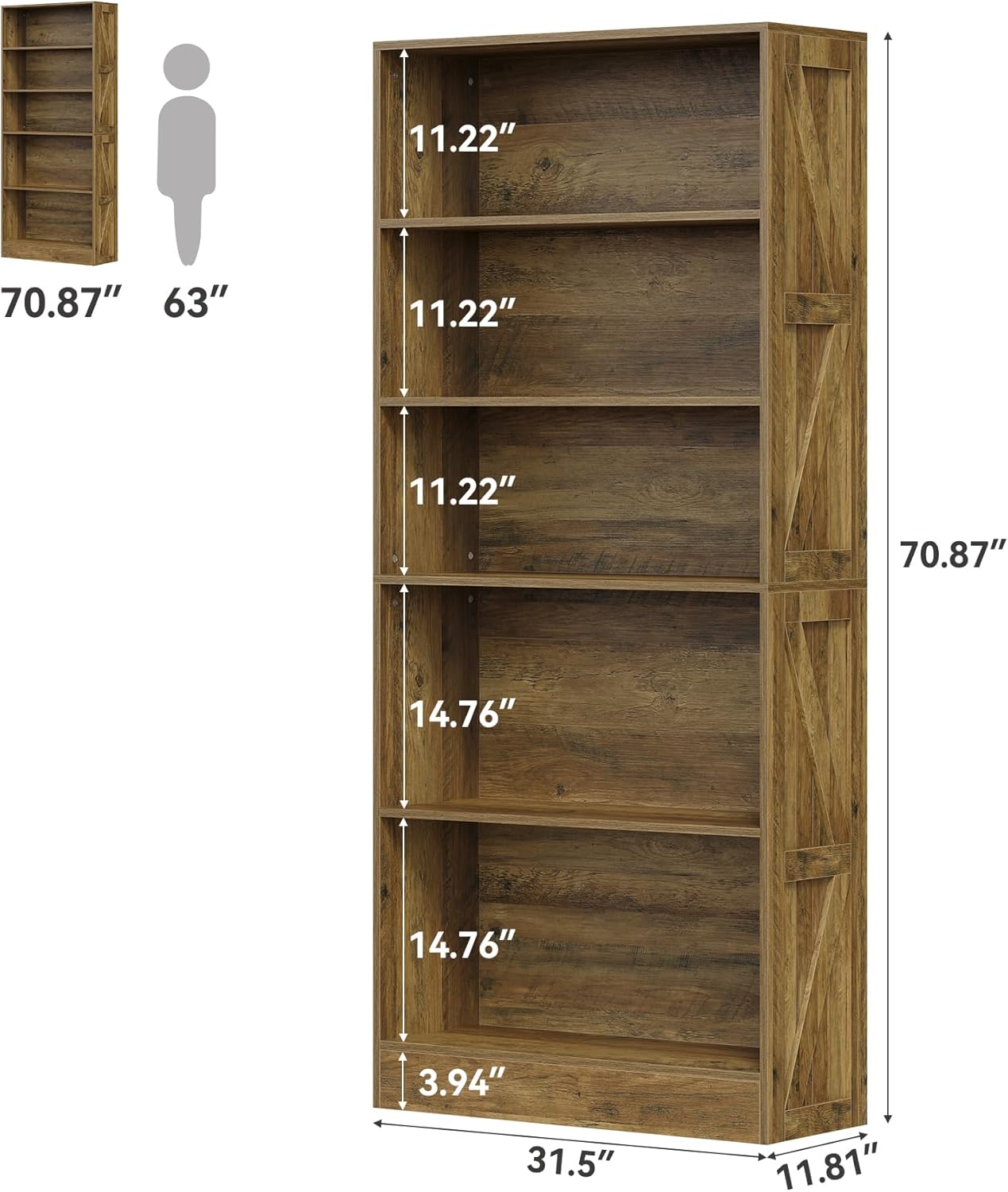LITTLE TREE 5-Tier Tall Bookcase, 70.8" Farmhouse Wooden Open Bookshelf, Standing Display Shelves for Living Room, Bedroom, Home Office, Rustic Brown