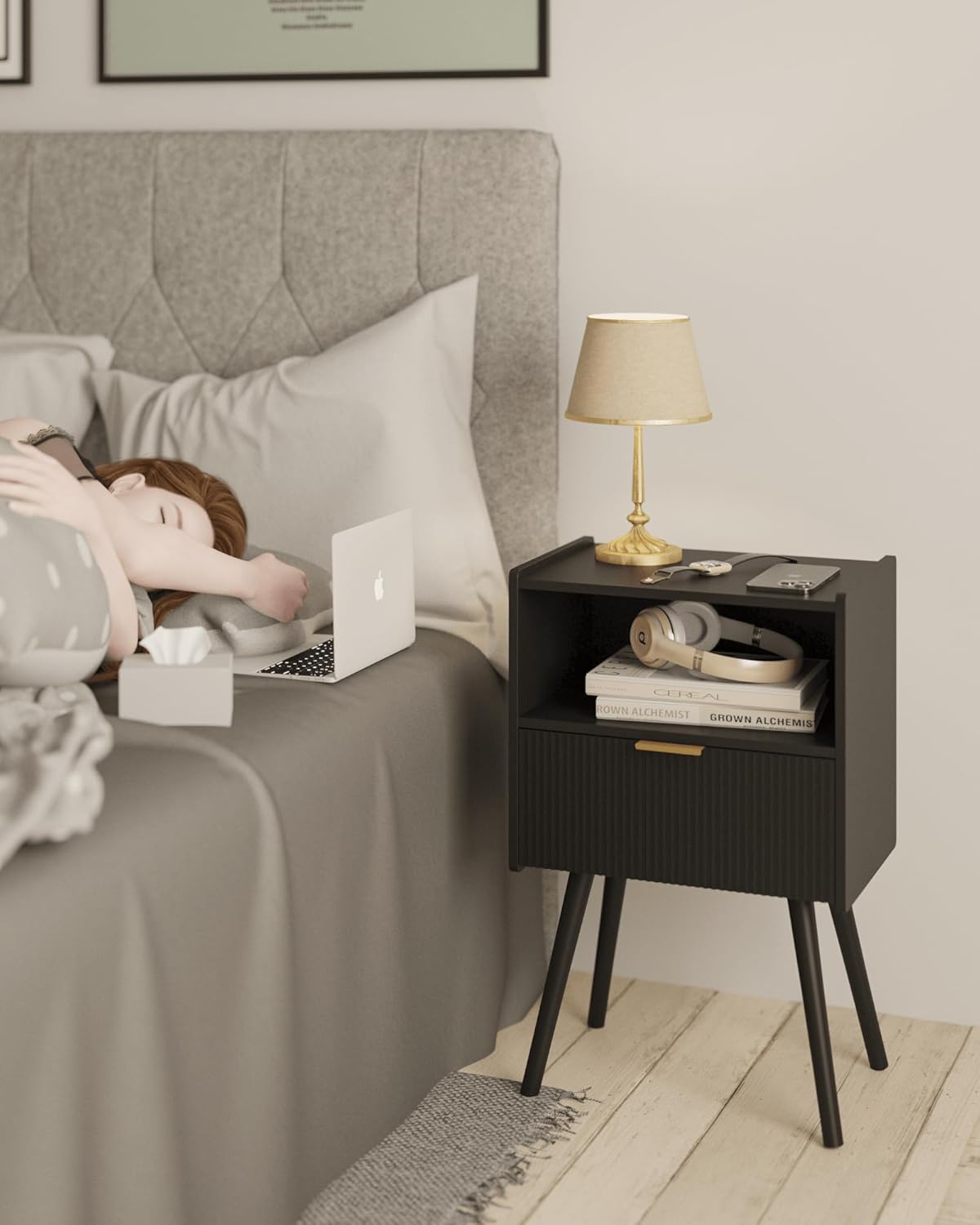 Black Nightstand,Modern Bedside Table with Storage Drawer and Open Wood Shelf, for Living Room, Bedroom and Small Spaces, Accent Night Stand with Solid Wood Legs, Easy Assembly,Classic Black